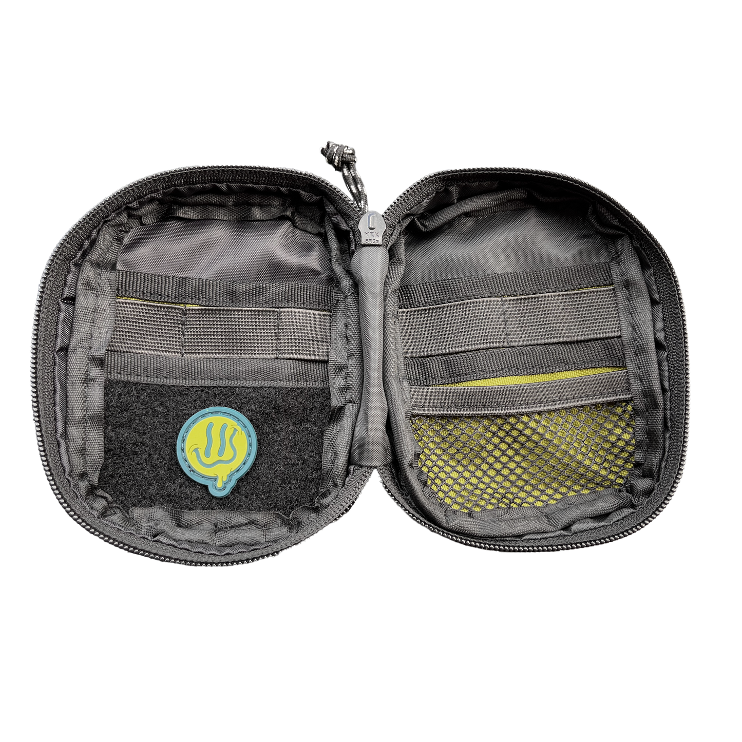 Companion 002 Pouch - Olive pocket organizer inside featuring organizer elastics, mesh, and soft velcro loop for patches. A green Smile patch is on the left side.