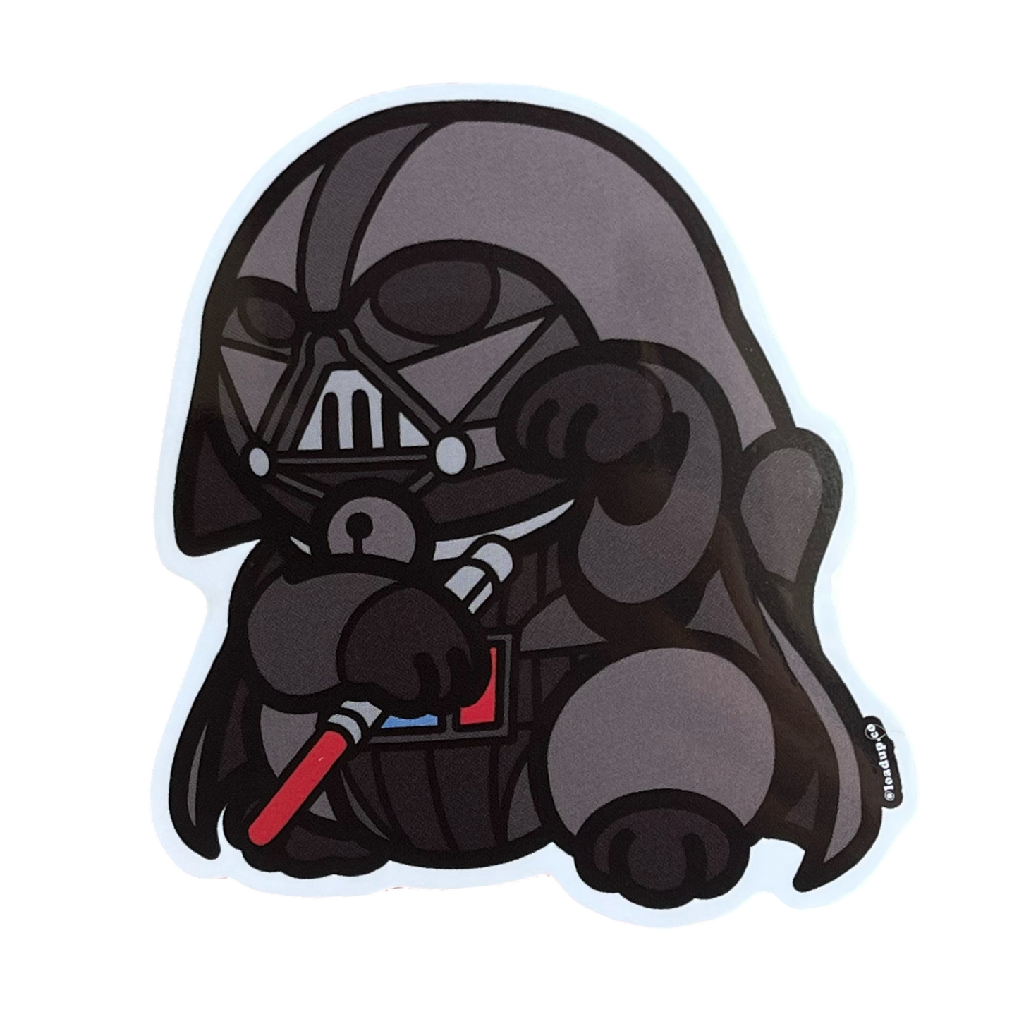 Darth Vader Neko Sticker of a cartoon character wearing black clothes with a red saber in a lucky cat maneki-neko pose.