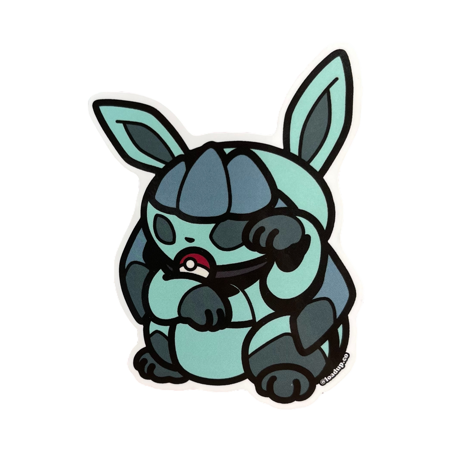 Glaceon Neko Sticker of a blue monster cartoon character in a lucky cat maneki-neko pose.