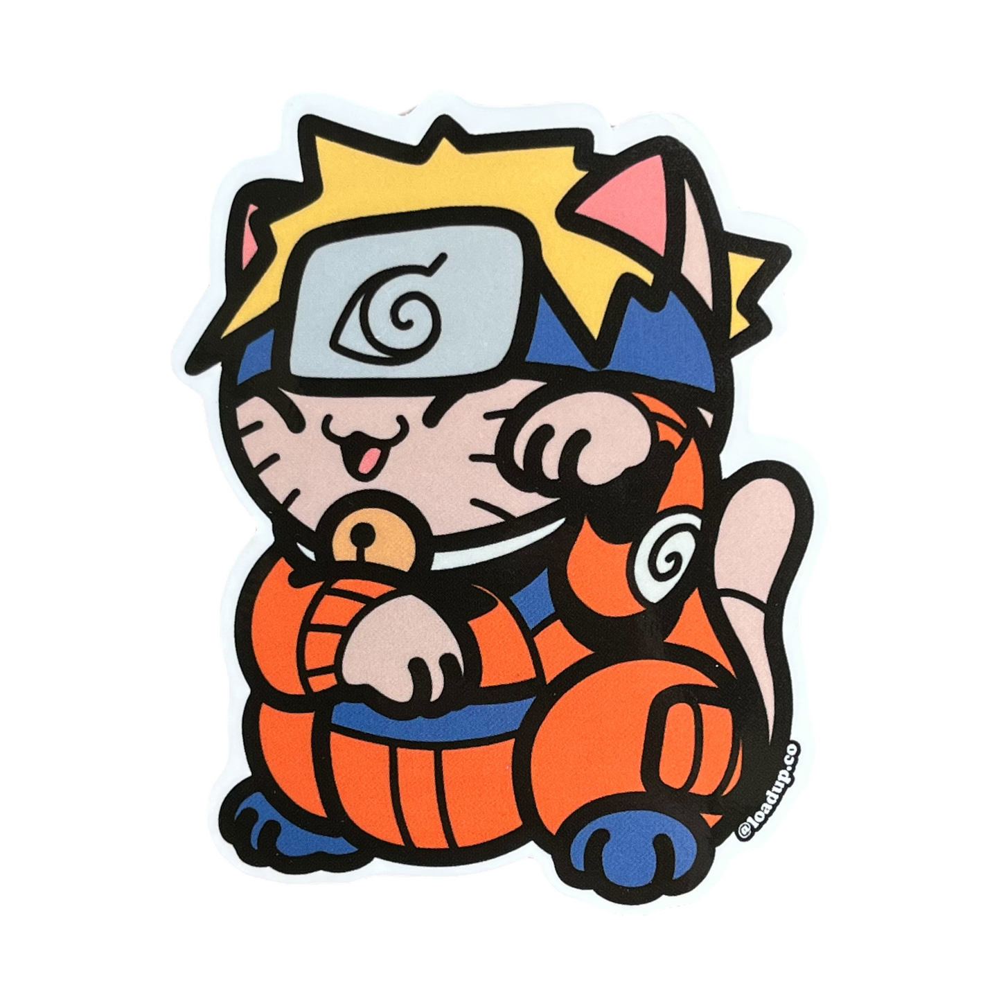 Naruto Neko Sticker of a blond anime character with headband and orange jumpsuit in a lucky cat maneki-neko pose.