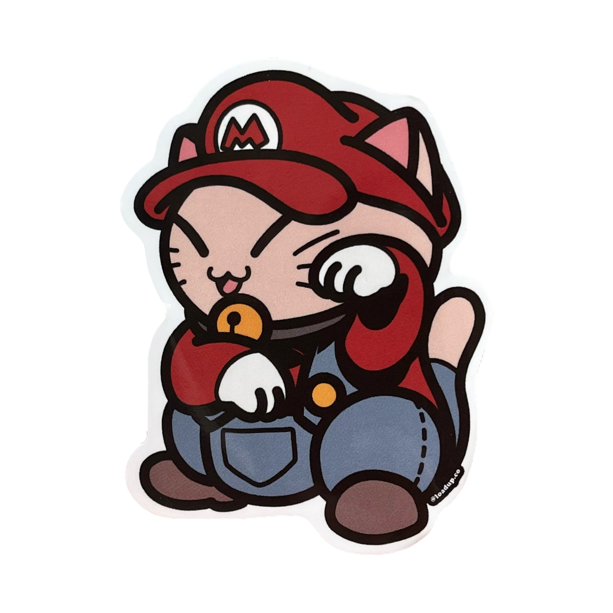 Neko 27 Sticker of a cartoon character wearing a red hat in a lucky cat maneki-neko pose.