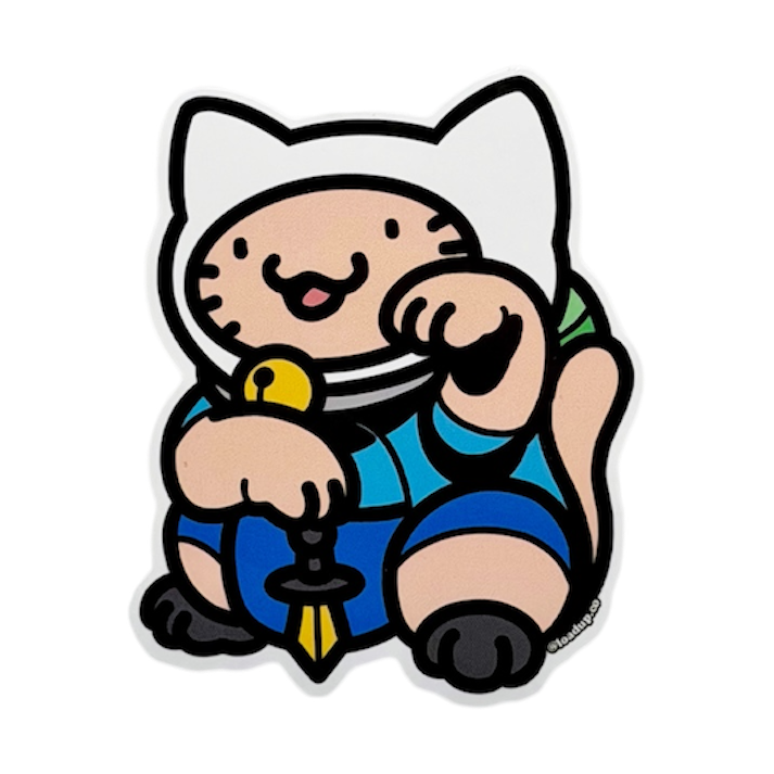 Neko 30 Sticker depicting a cat wearing a white hat and blue shirt holding a sword in a lucky cat maneki neko pose.