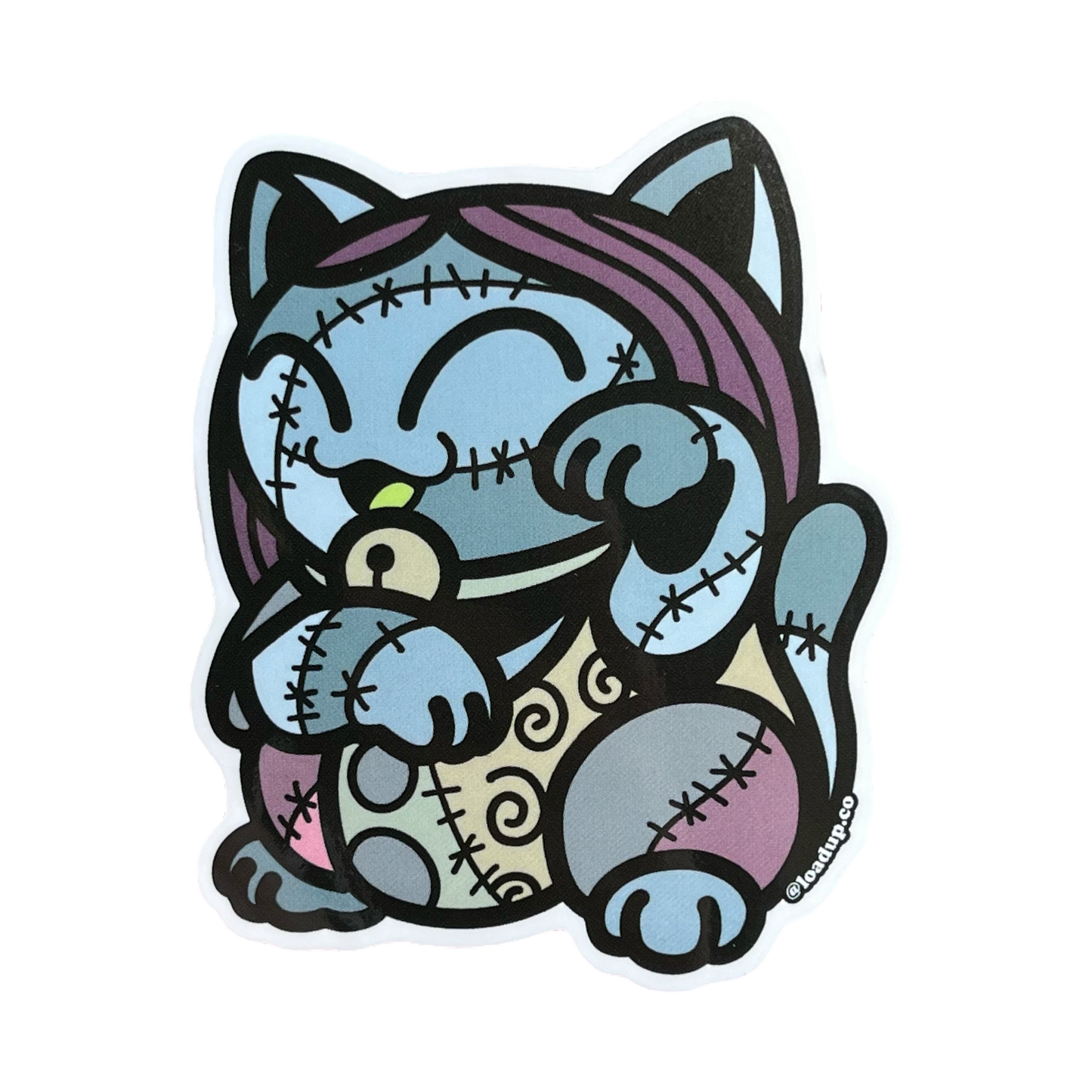 Sally Neko Sticker of a blue patchy cartoon character in a lucky cat maneki-neko pose.