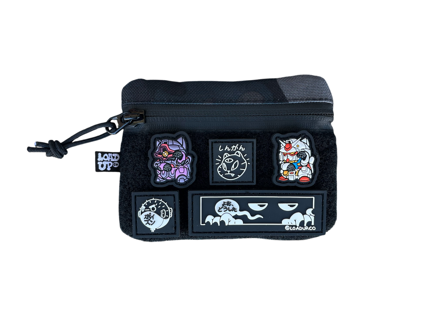 Sidekick 002 Pouch - Dark Camo pocket organizer front side featuring a dark camouflage pattern with LOADUP.co ranger eyes and zipper.