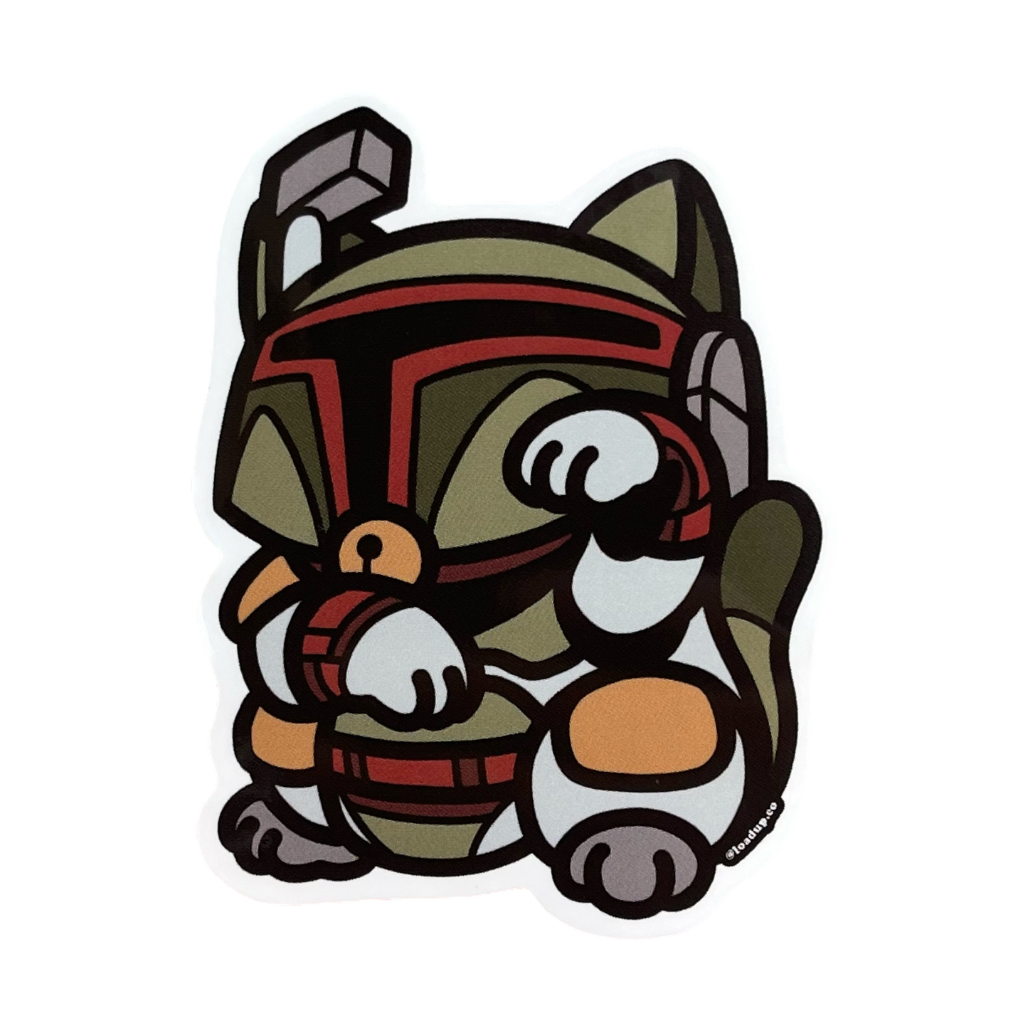 Boba Fett Neko Sticker of a cartoon character in a metal suit in a lucky cat maneki-neko pose.