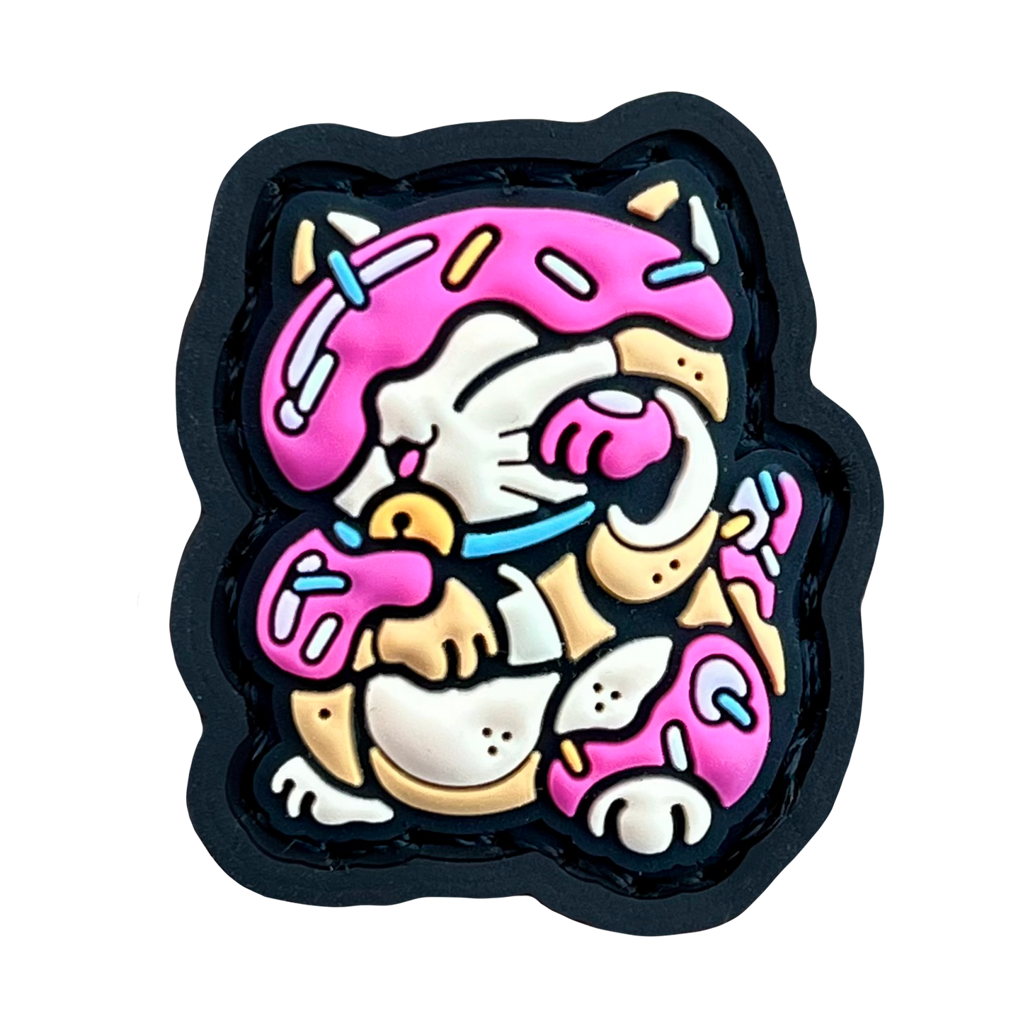 Donut Neko RE of a cartoon character cat covered in strawberry sprinkle frosting in a lucky cat maneko pose.