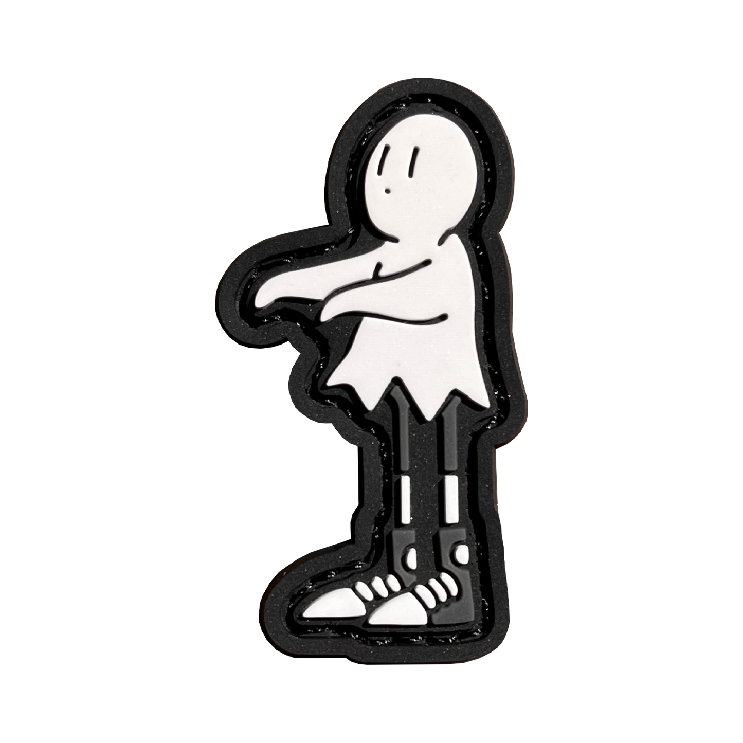 A playful cartoon character wearing high-top shoes, draping a white sheet over their head like a ghost costume, extending their arms outward, and gazing to the left.