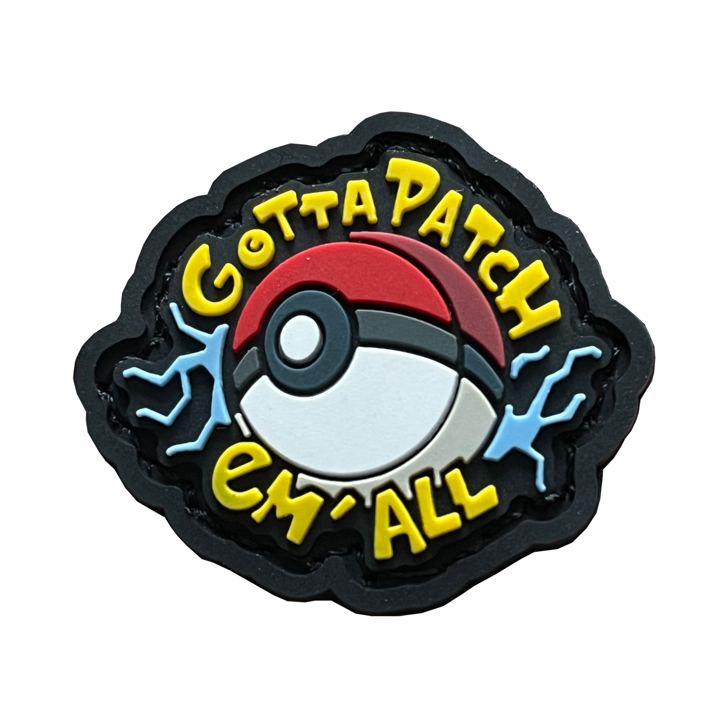 Gotta Patch Em All RE PVC ranger eye morale patch of a pokeball with blue lightning behind it. Gotta patch em all written around the ball in yellow lettering.