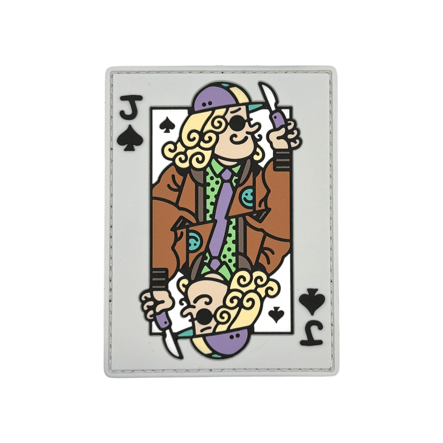 Jack of Spades Patch depicting playing card featuring a blond guy in a baseball cap holding a knife.