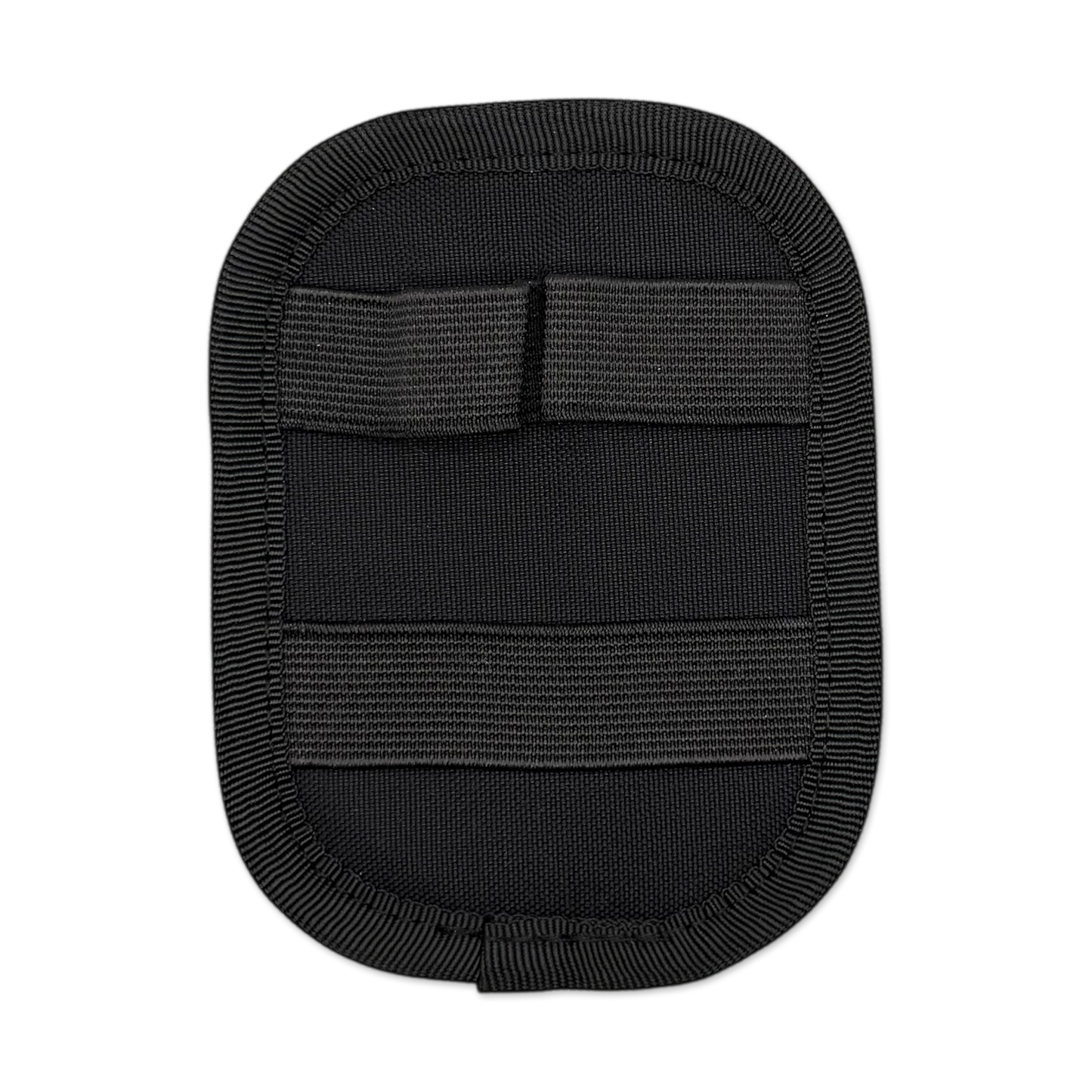 A black flat pad showcasing two elastic loops on top and a large elastic loop on bottom.