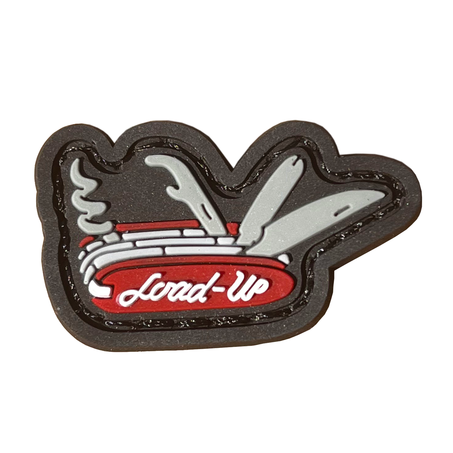 A red and gray patch resembling a swiss army knife multitool; a screw, pry bar, and knife stick up.the word 'Load-Up' is written on the knife.