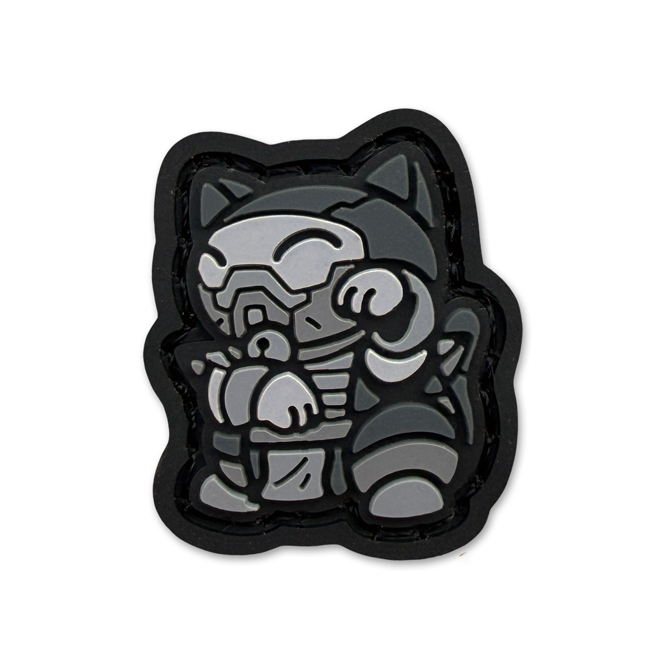 Noob Neko RE ranger eye PVC morale patch of a gray character in a lucky cat maneki neko pose
