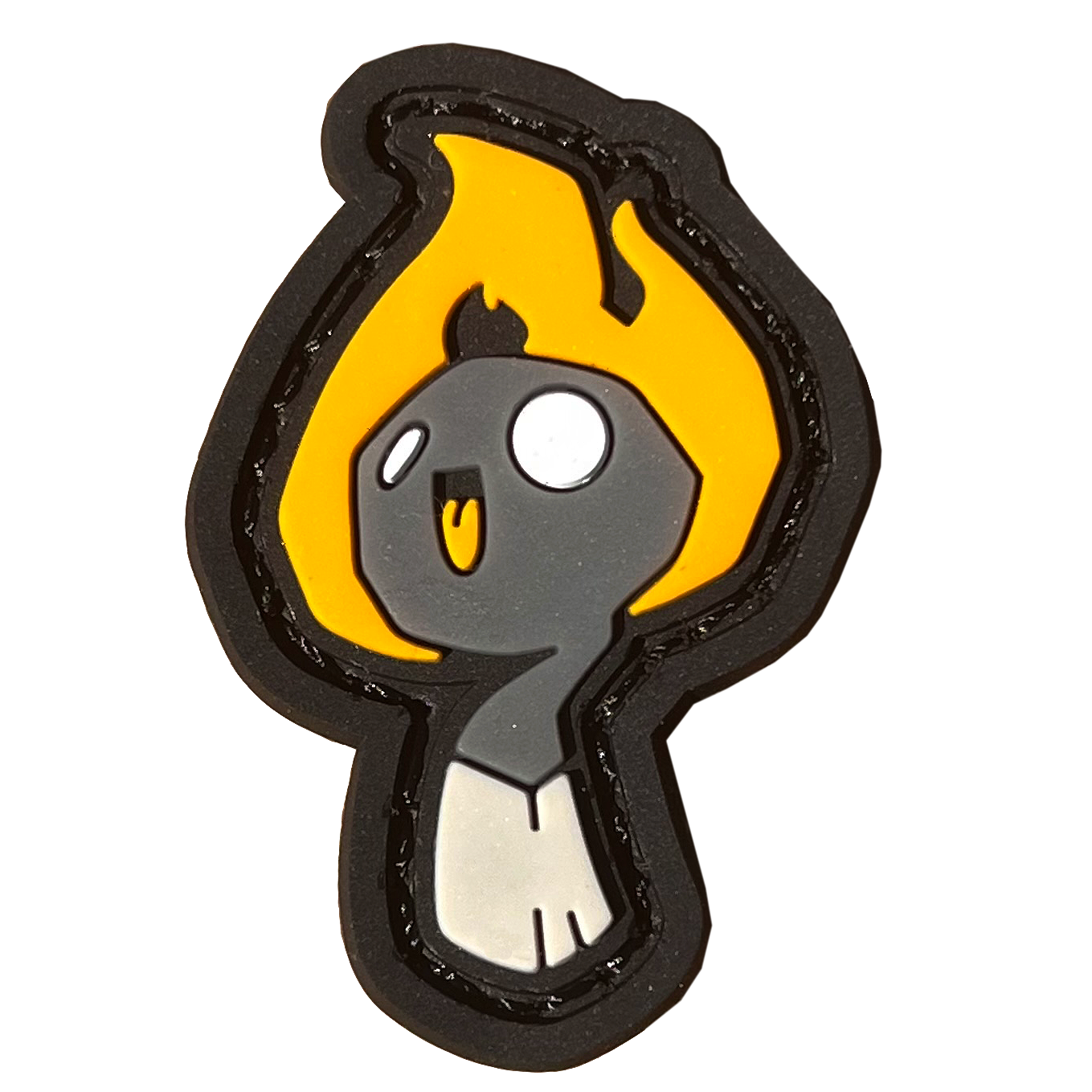 A smiling cartoon character resembling a lit match with an orange flame.