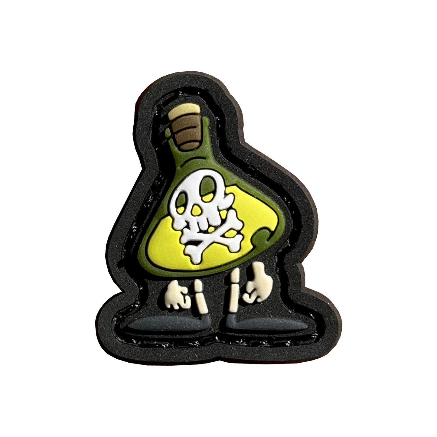 a beaker with arms and legs filled with green liquid and a skull and crossbones on the center