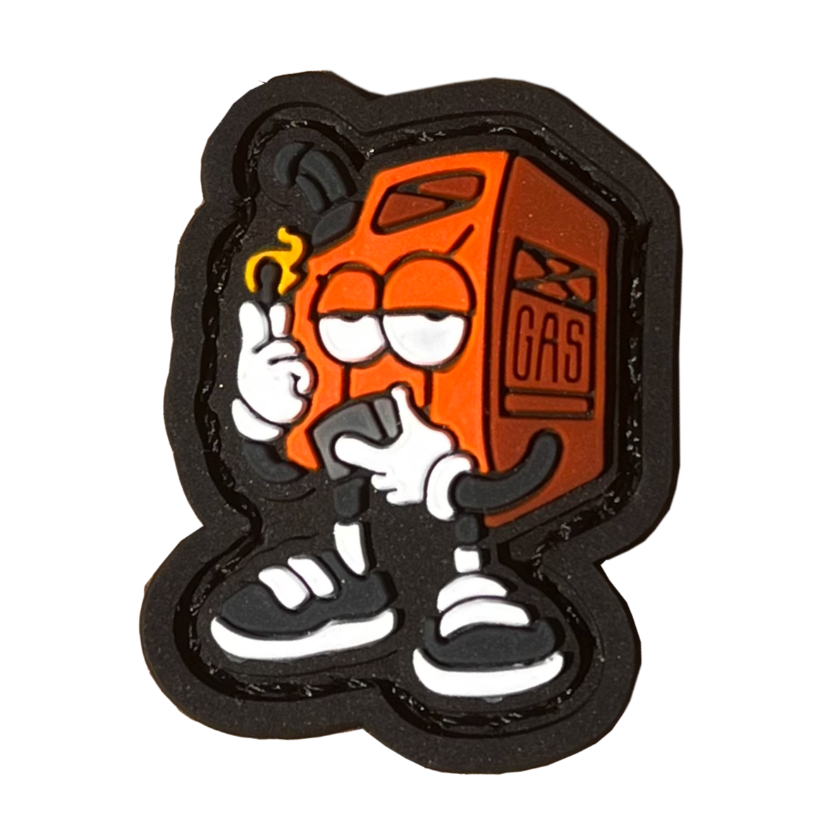 A red cartoon gas cannister character holding up an orange lit match in one hand and a lighter in the other.