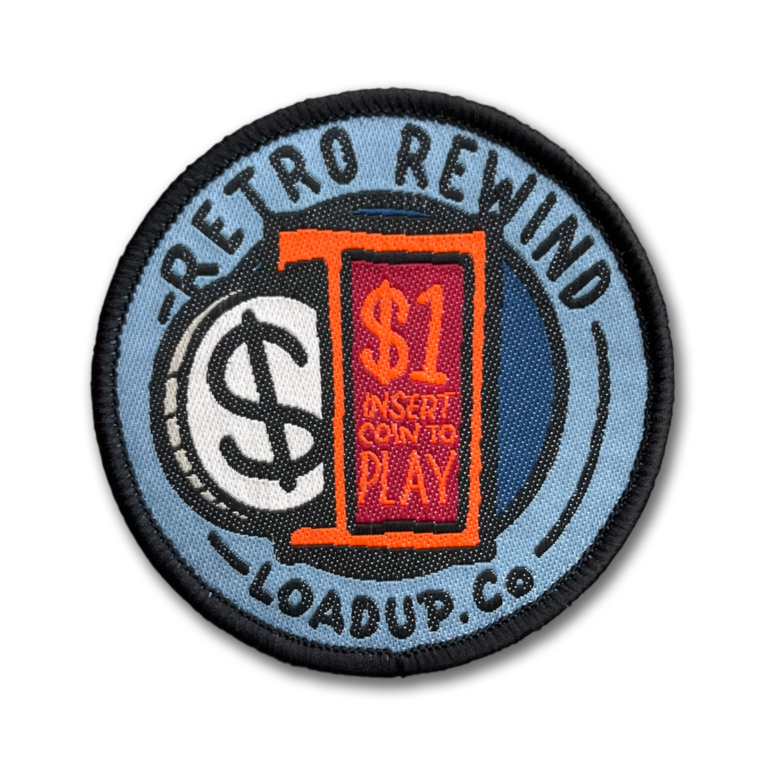 round woven nylon patch depicting an arcade insert coin to play slot, with a coin sticking in and the words 'RETRO REWIND LOADUP.CO' surrounding it in a circle