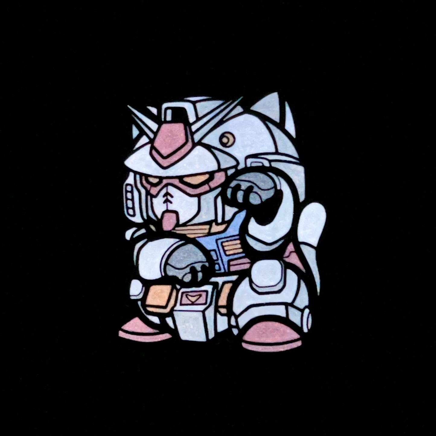 RX-78-2 Neko Pin enamel pin glow depicting a mecha robot in a lucky cat maneko pose.