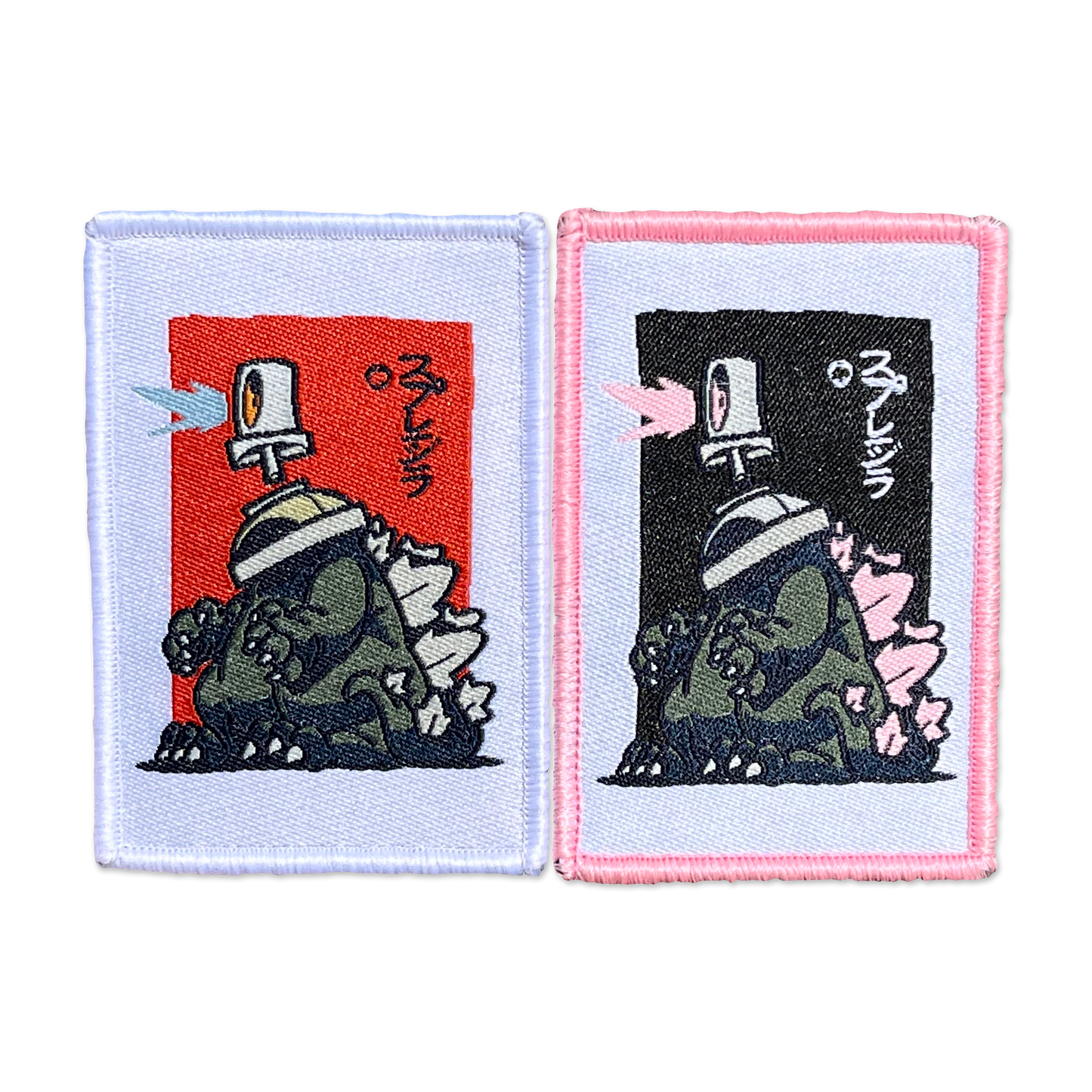 Sprayzilla Patch Set showing two patches depicting Godzilla with a spray can cap head and Japanese kanji text on the side.