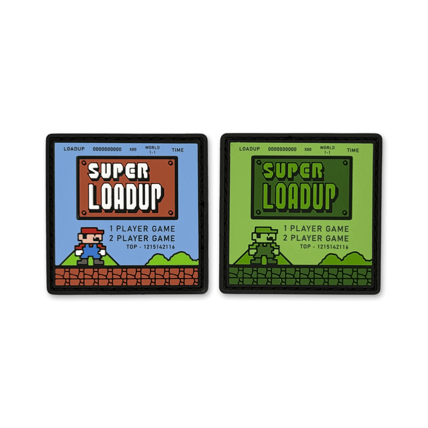 Super LOADUP Ranger Eye Patch Set featuring retro game Mario designs in blue and green colors