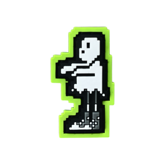 8-Bit Ghost Guy RE patch showing a pixelated character wearing a ghost outfit and tennis shows with a lime green border.