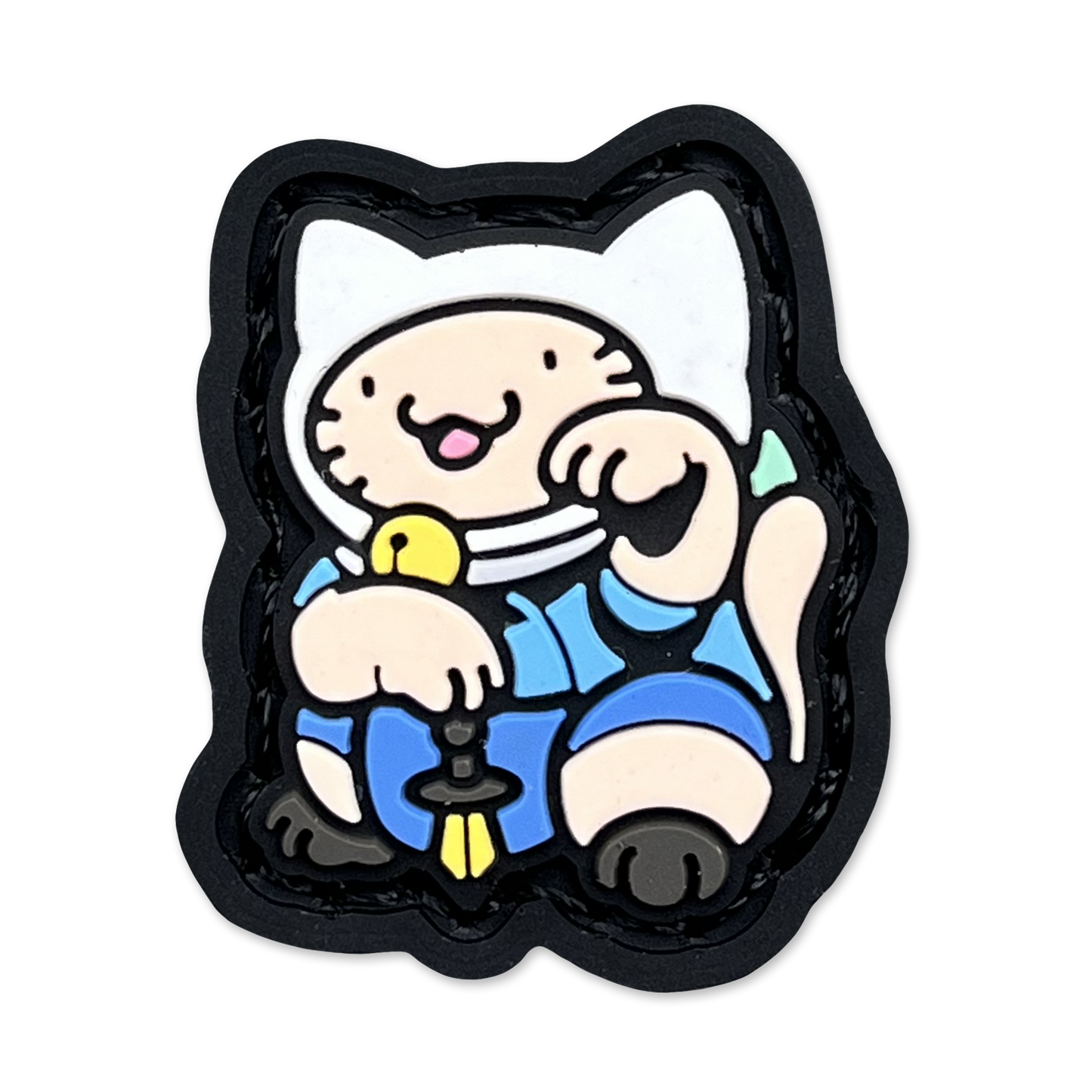 Adventure Neko RE ranger eye patch with a cartoon cat character wearing a white hat and blue outfit in a lucky cat maneki neko pose.