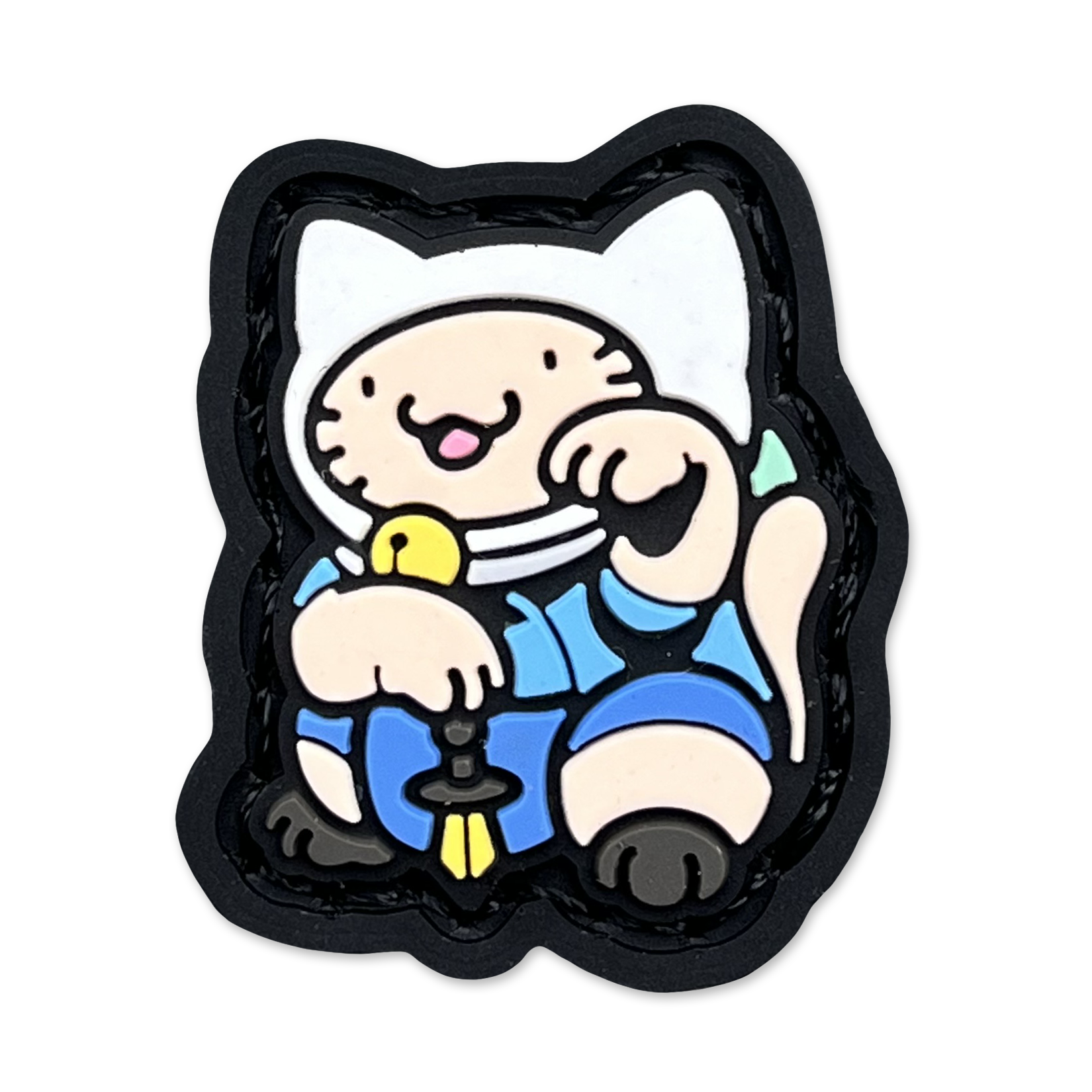 Adventure Neko RE ranger eye patch with a cartoon cat character wearing a white hat and blue outfit in a lucky cat maneki neko pose.