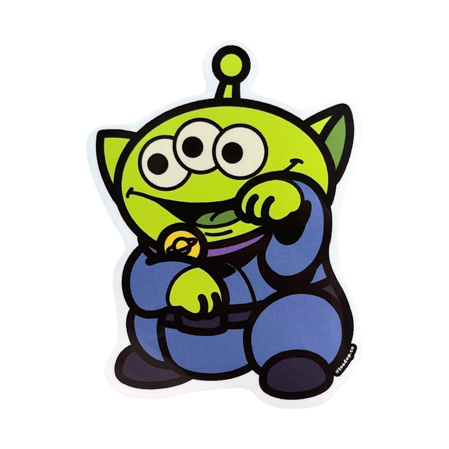 Alien Neko Sticker of a green alien with three eyes and a blue outfit standing in a lucky cat maneki-neko pose.