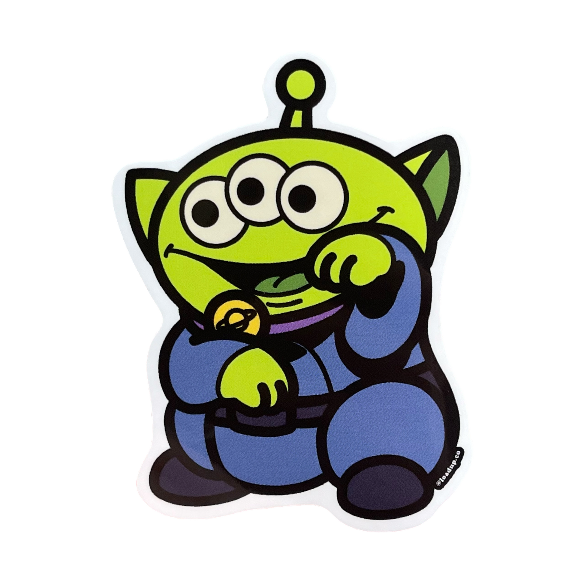 Alien Neko Sticker of a green alien with three eyes and a blue outfit standing in a lucky cat maneki-neko pose.
