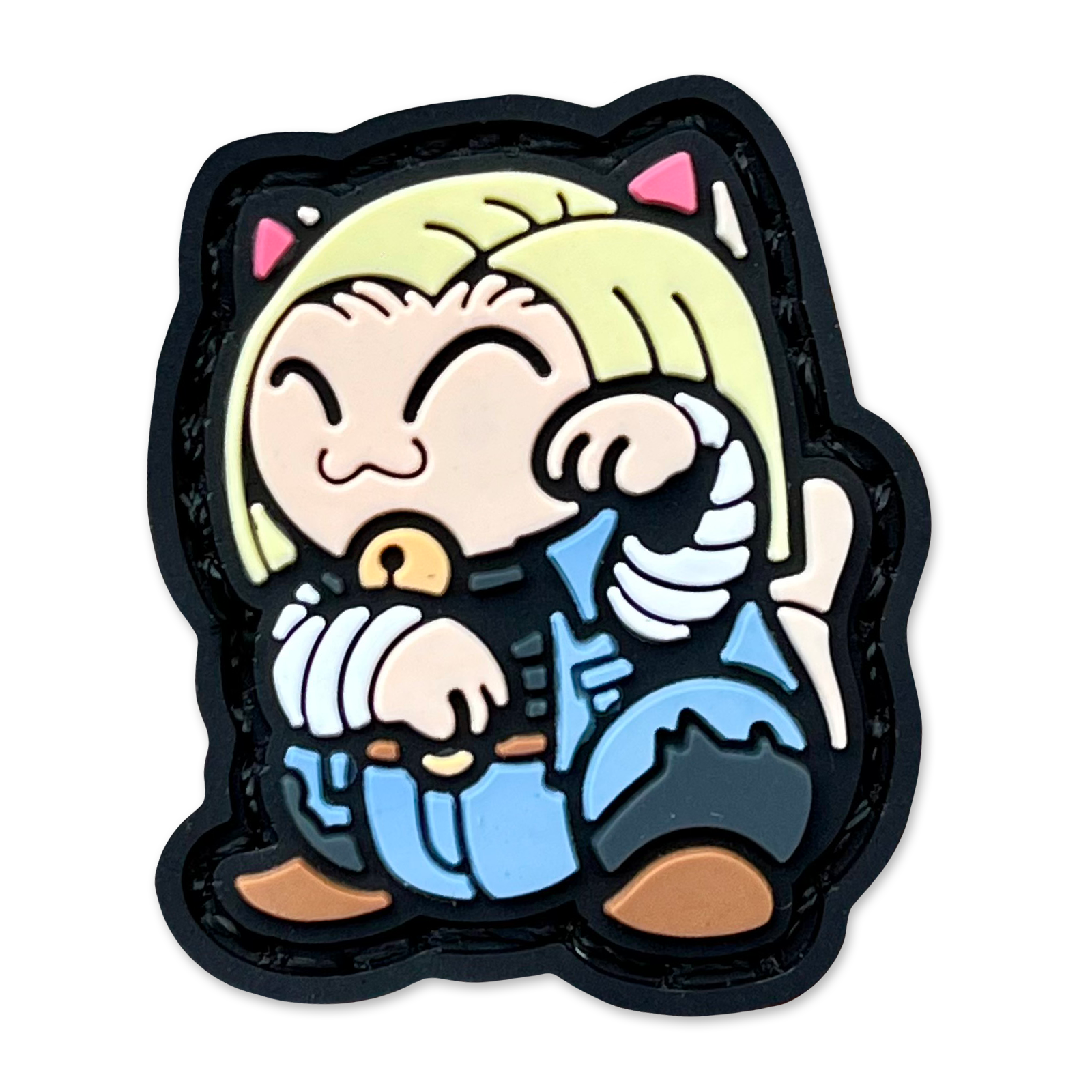 Android 18 Neko RE Cartoon character with blonde hair and a blue outfit in a lucky cat maneko pose.