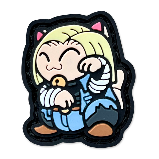 Android 18 Neko RE Cartoon character with blonde hair and a blue outfit in a lucky cat maneko pose.