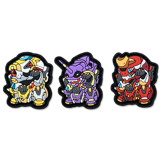 Biomech Neko RE Set 2D PVC ranger eye morale patches depicting 3 robotic cartoon characters (one yellow, one purple, one red) standing in a lucky cat maneko pose.