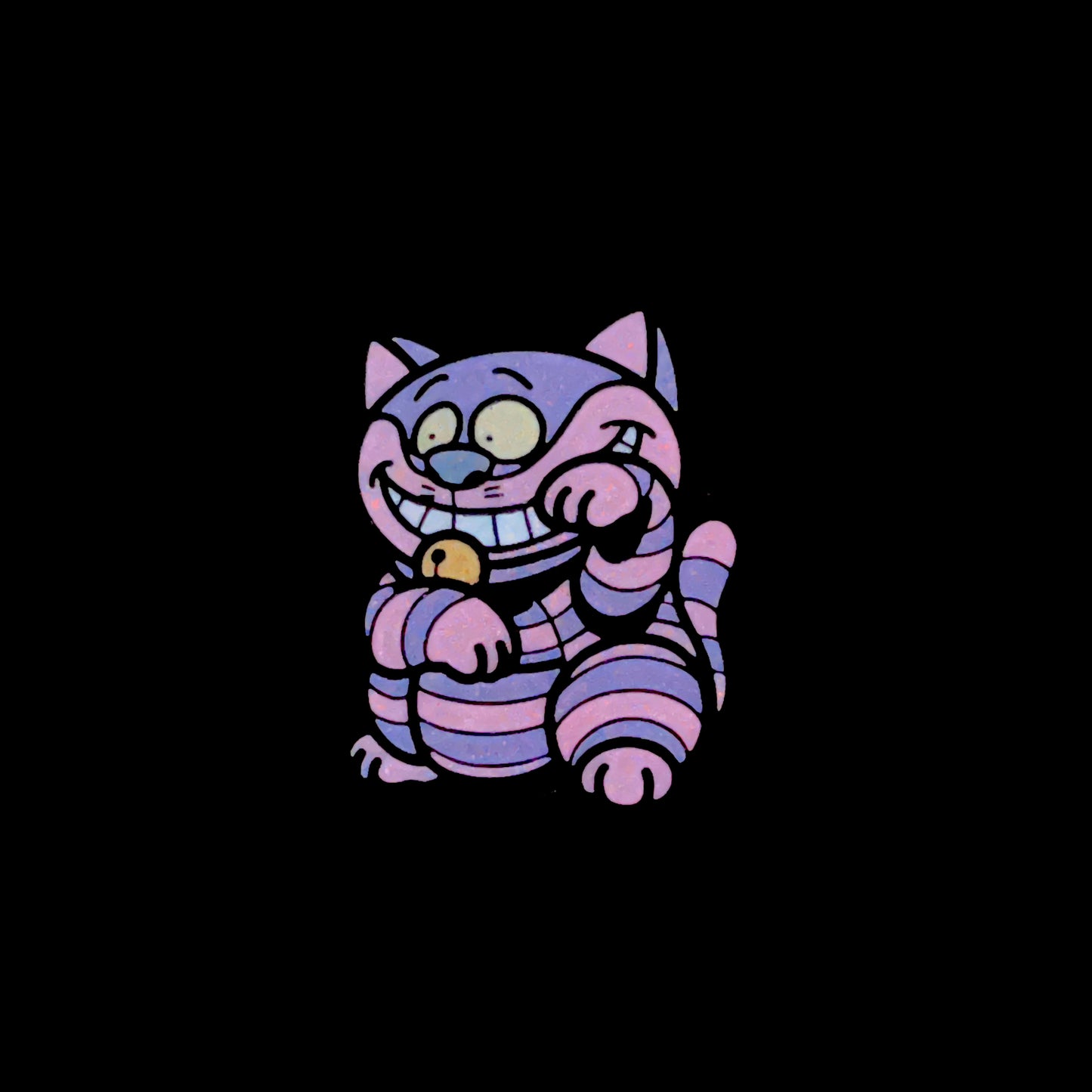 Cheshire Cat Neko Pin glow in the dark with purple and pink cartoon character grinning cat in a lucky cat maneko pose.