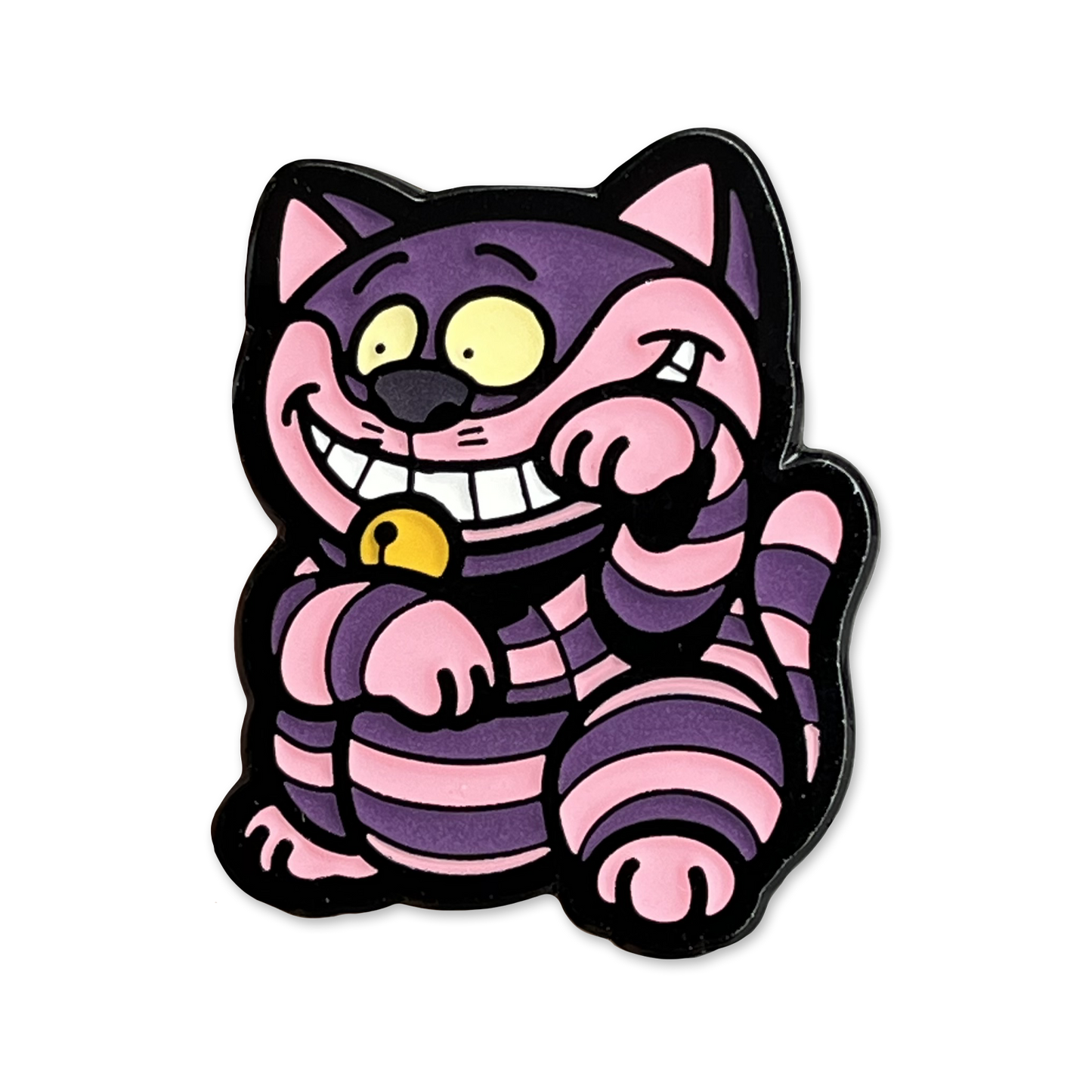 Cheshire Cat Neko Pin with purple and pink cartoon character grinning cat in a lucky cat maneko pose.