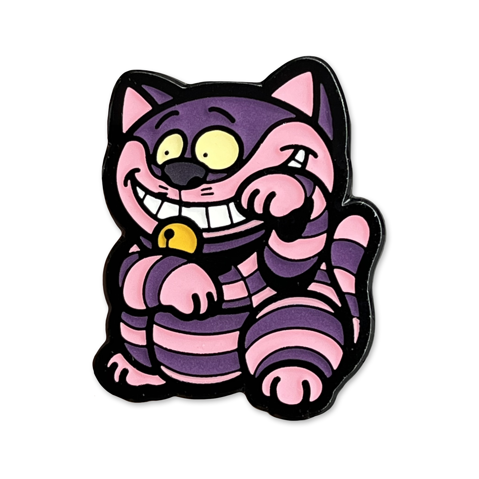 Cheshire Cat Neko Pin with purple and pink cartoon character grinning cat in a lucky cat maneko pose.