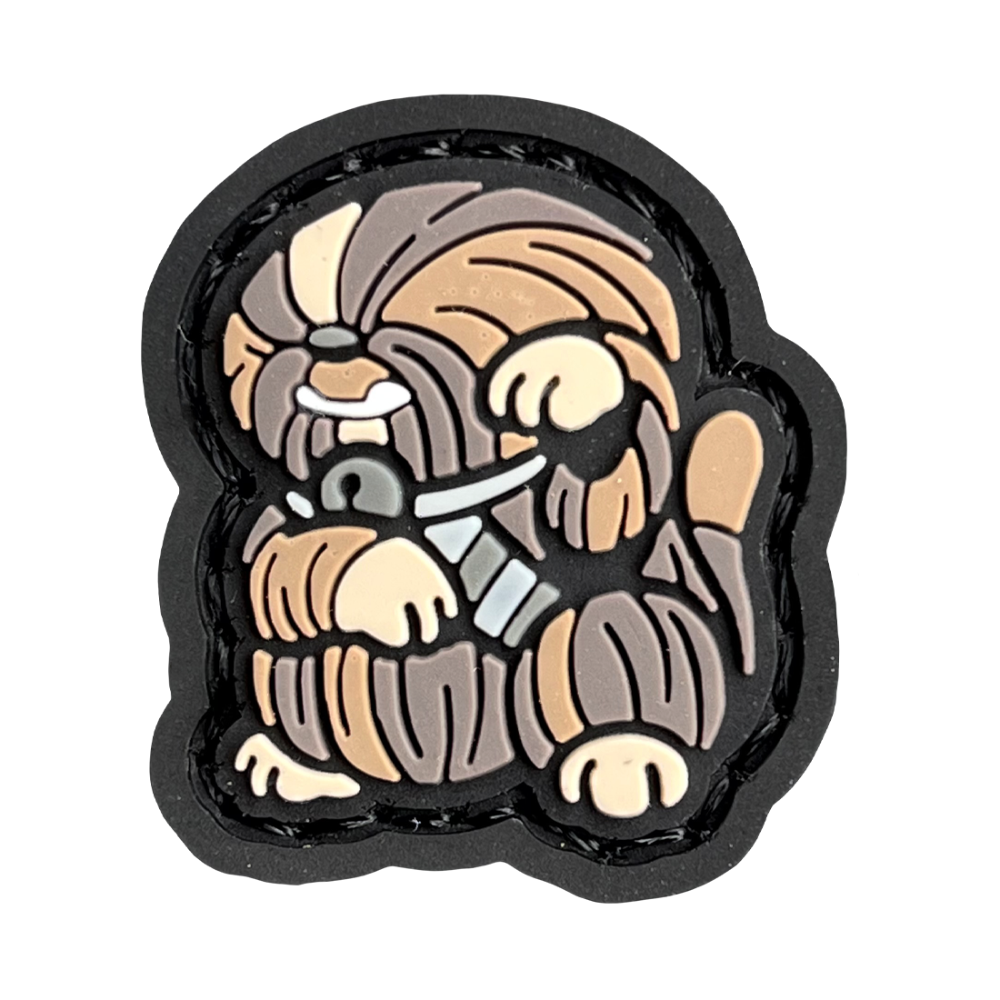 Chewbacca Neko RE 2D PVC ranger eye morale patch of a hairy cartoon character in a lucky cat maneko pose.