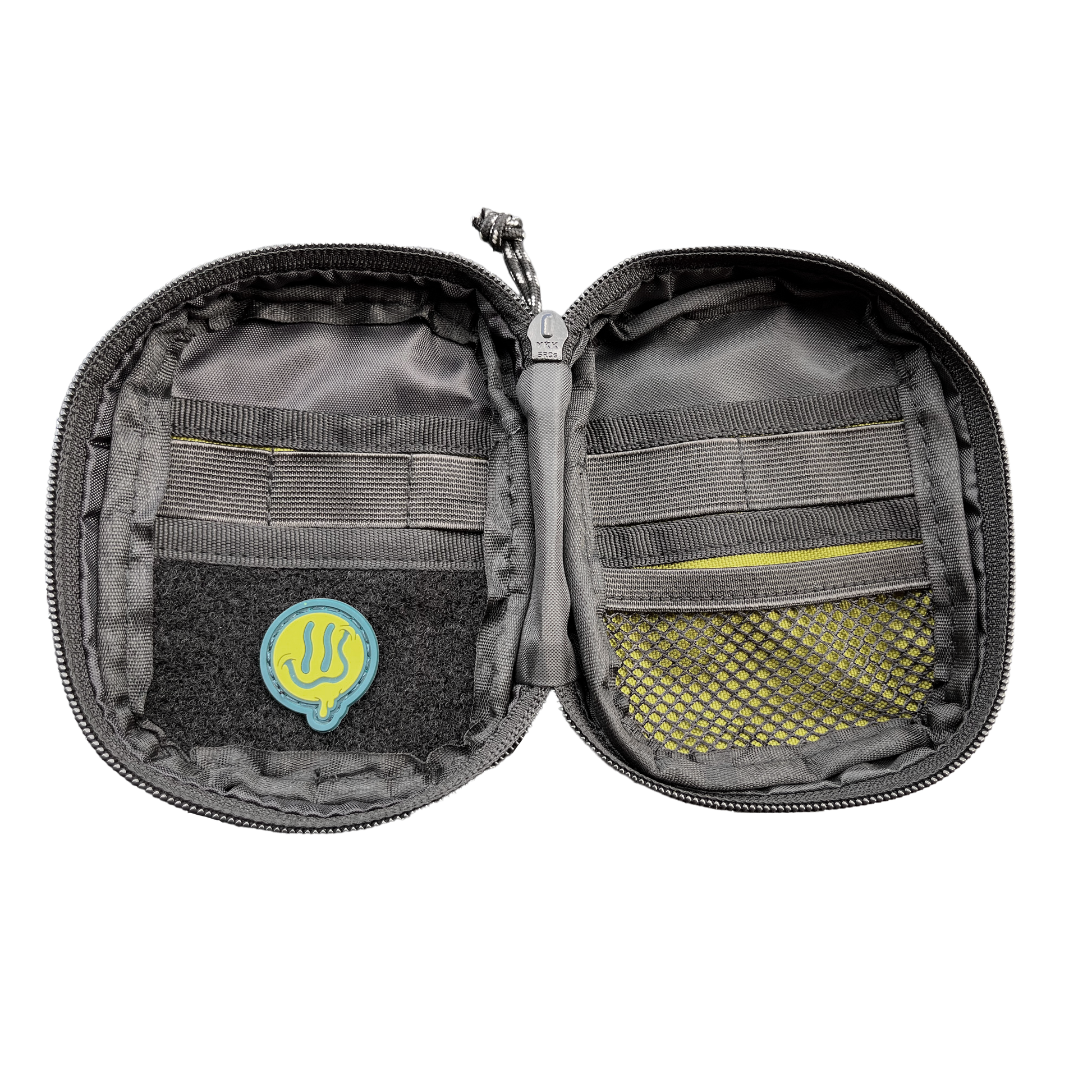 Companion 002 Pouch - Olive pocket organizer inside featuring organizer elastics, mesh, and soft velcro loop for patches. A green Smile patch is on the left side.