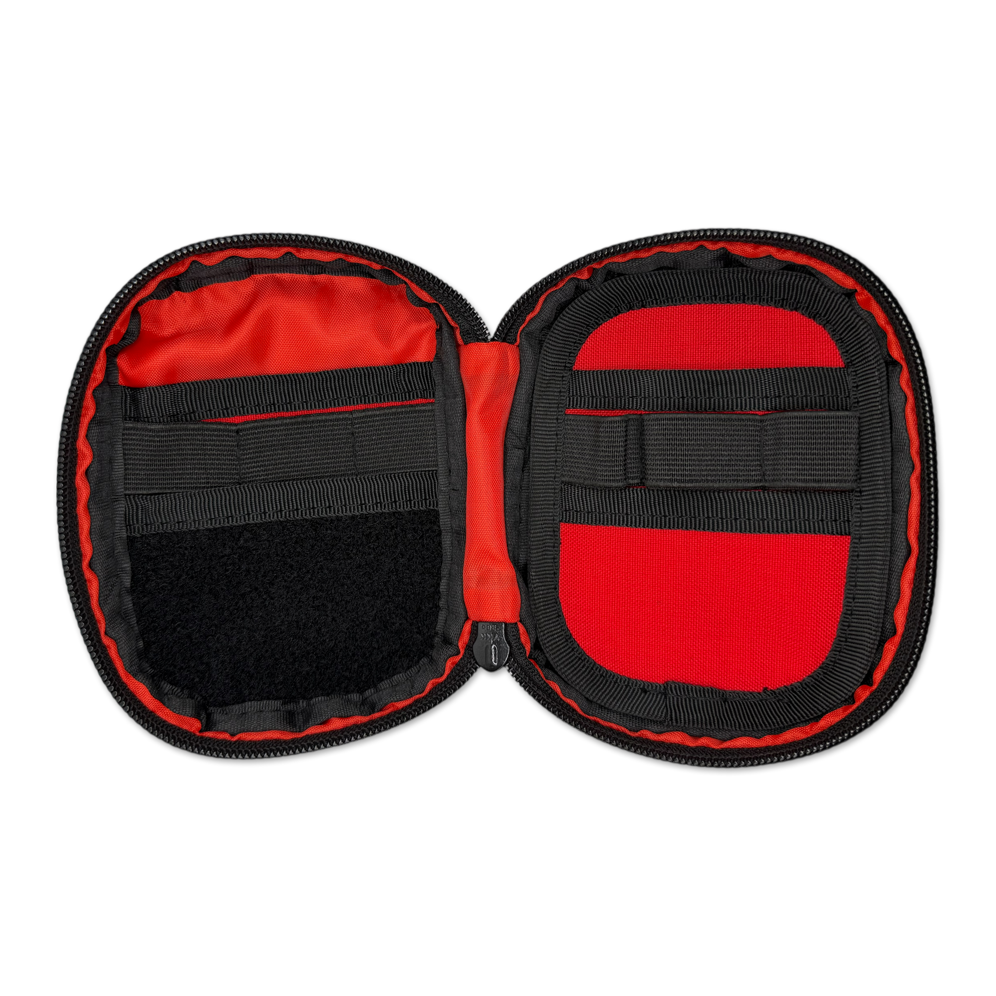 Companion 003 Modular Pouch - Red inside featuring 3 organizer elastics and a modular insert with 3 organizer elastics on the right side.