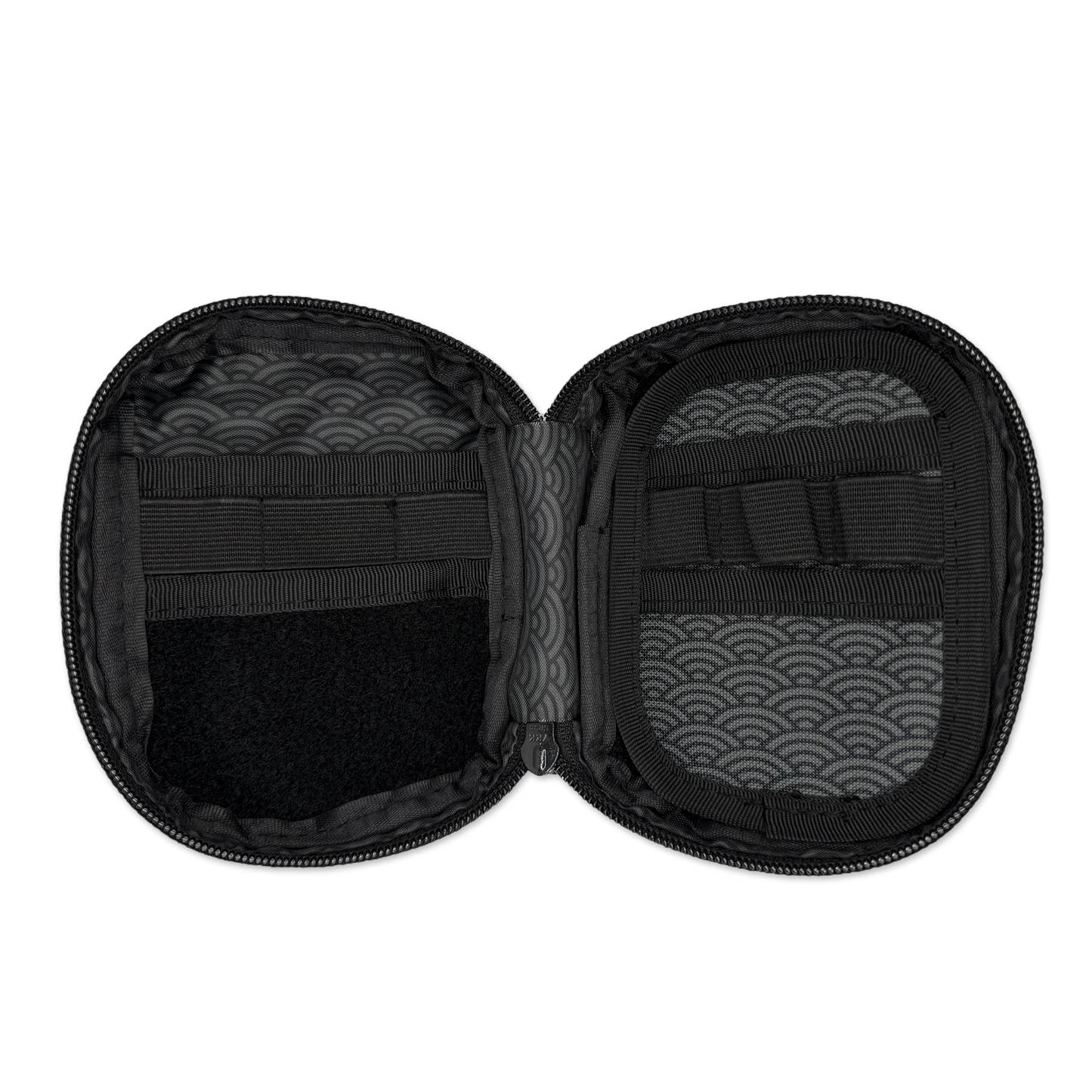 Companion 003 Modular Pouch - Seigaiha pocket organizer inside featuring 3 organizer elastics and a modular insert with 3 organizer elastics on the right side.