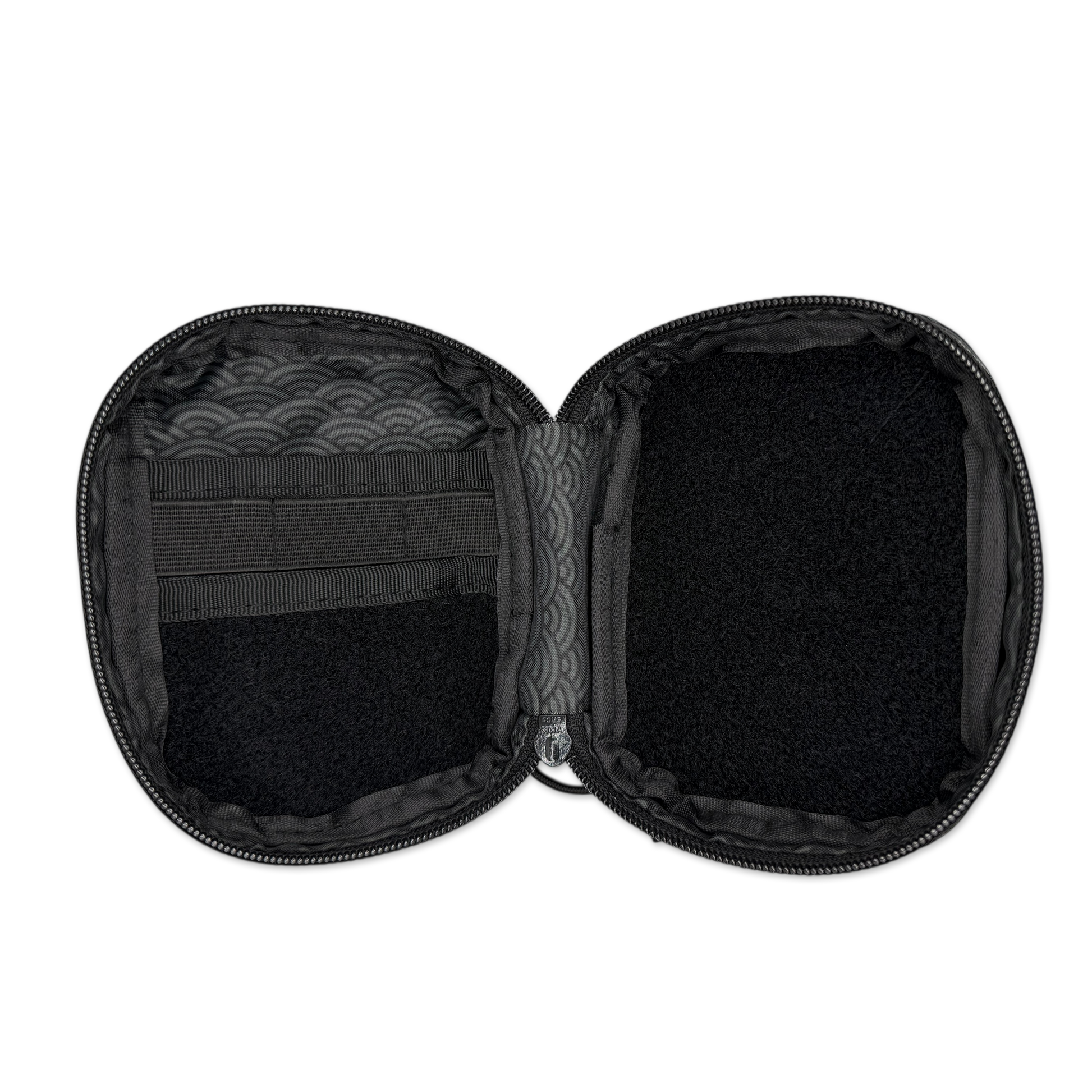 Companion 003 Modular Pouch - Seigaiha pocket organizer inside featuring 3 organizer elastics and soft velcro loop for patches or modular inserts.
