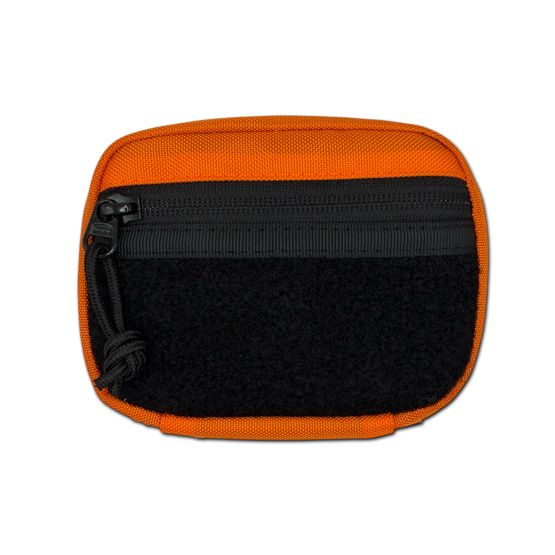 An orange and black utility pouch with a black zipper and black velcro panel, shown on a plain white background.