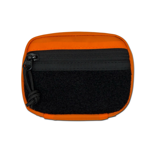 An orange and black utility pouch with a black zipper and black velcro panel, shown on a plain white background.