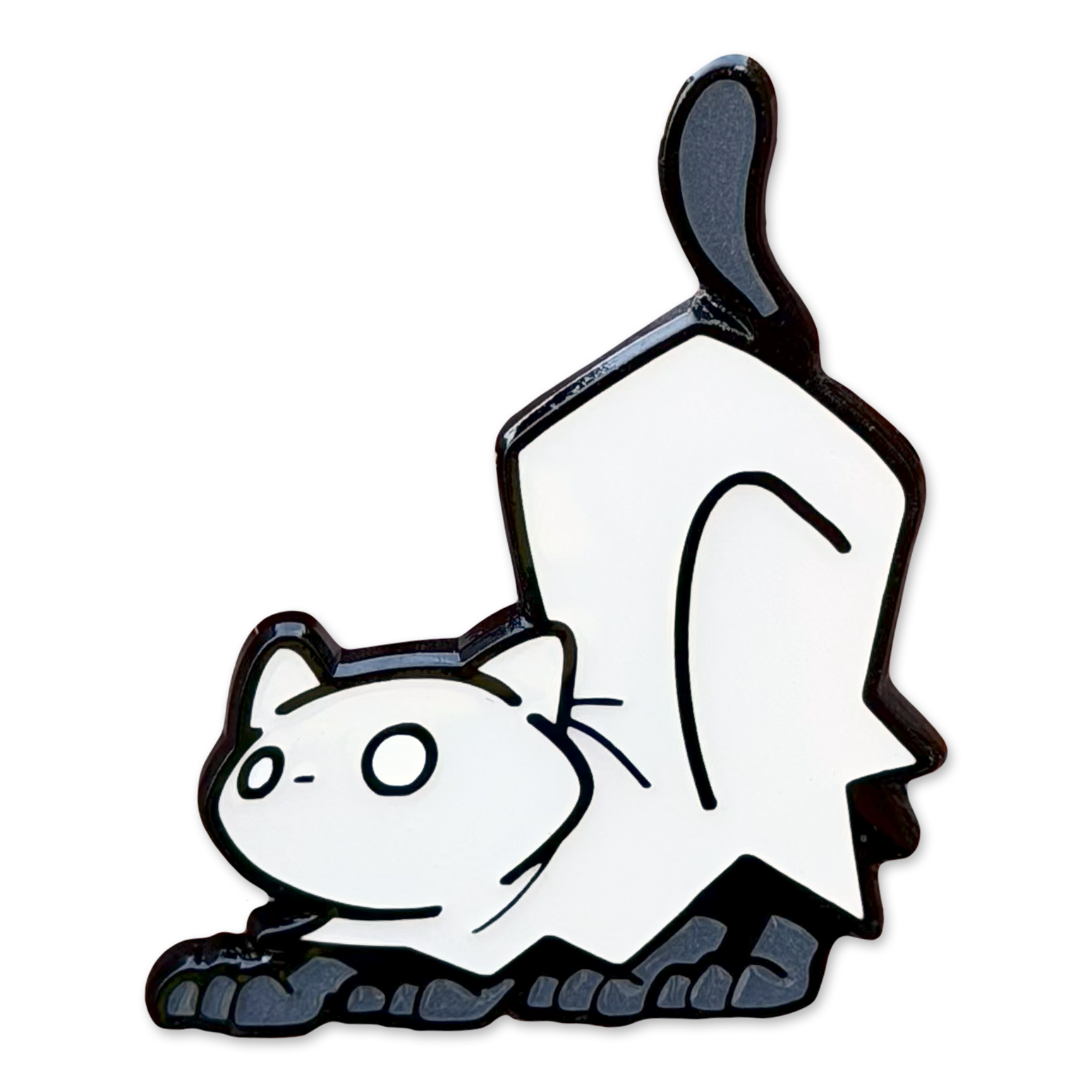 Enamel pin depicting a cat in a ghost outfit crouching.
