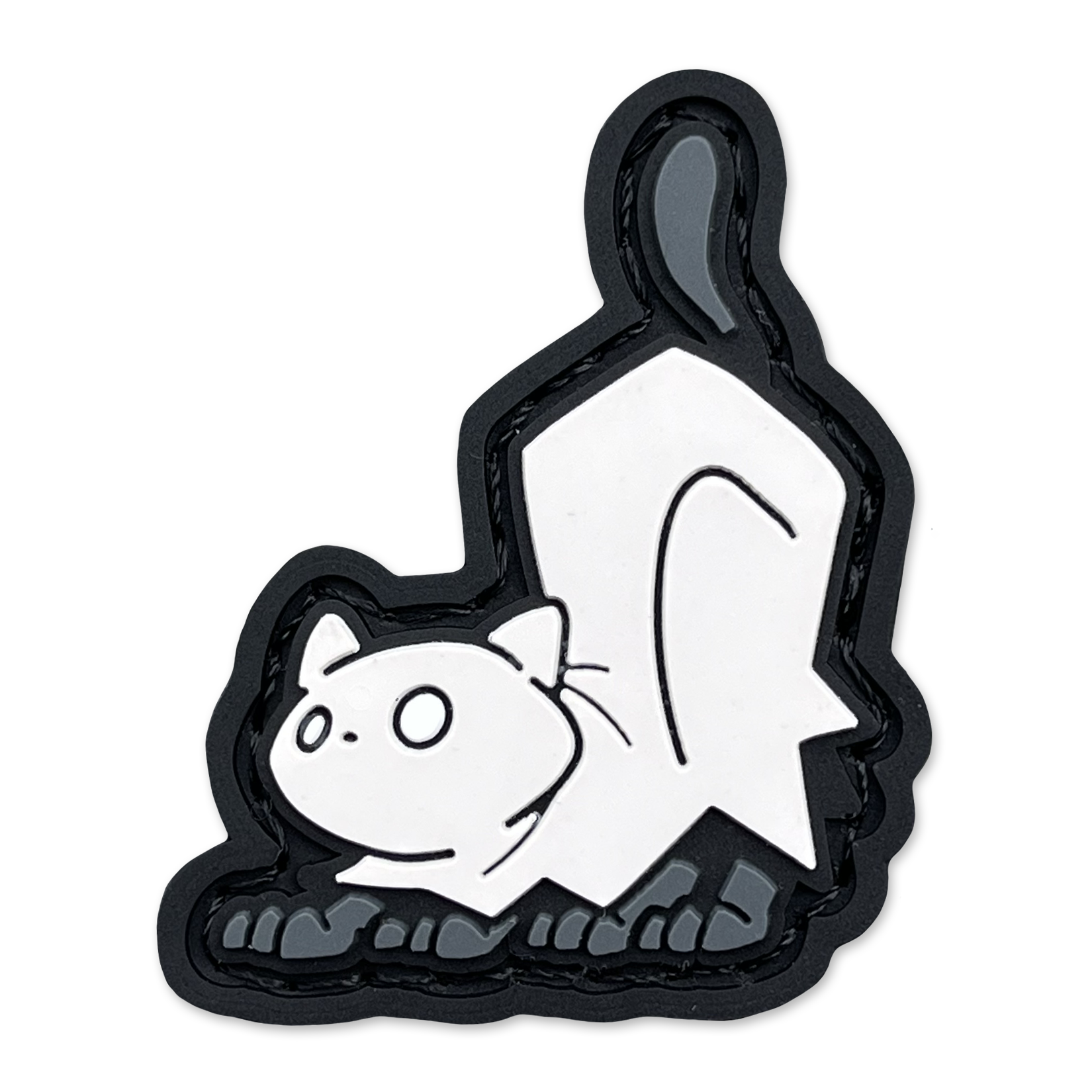 Crouching Ghost Cat RE ranger eye patch of a crouching cartoon cat wearing a white ghost costume.