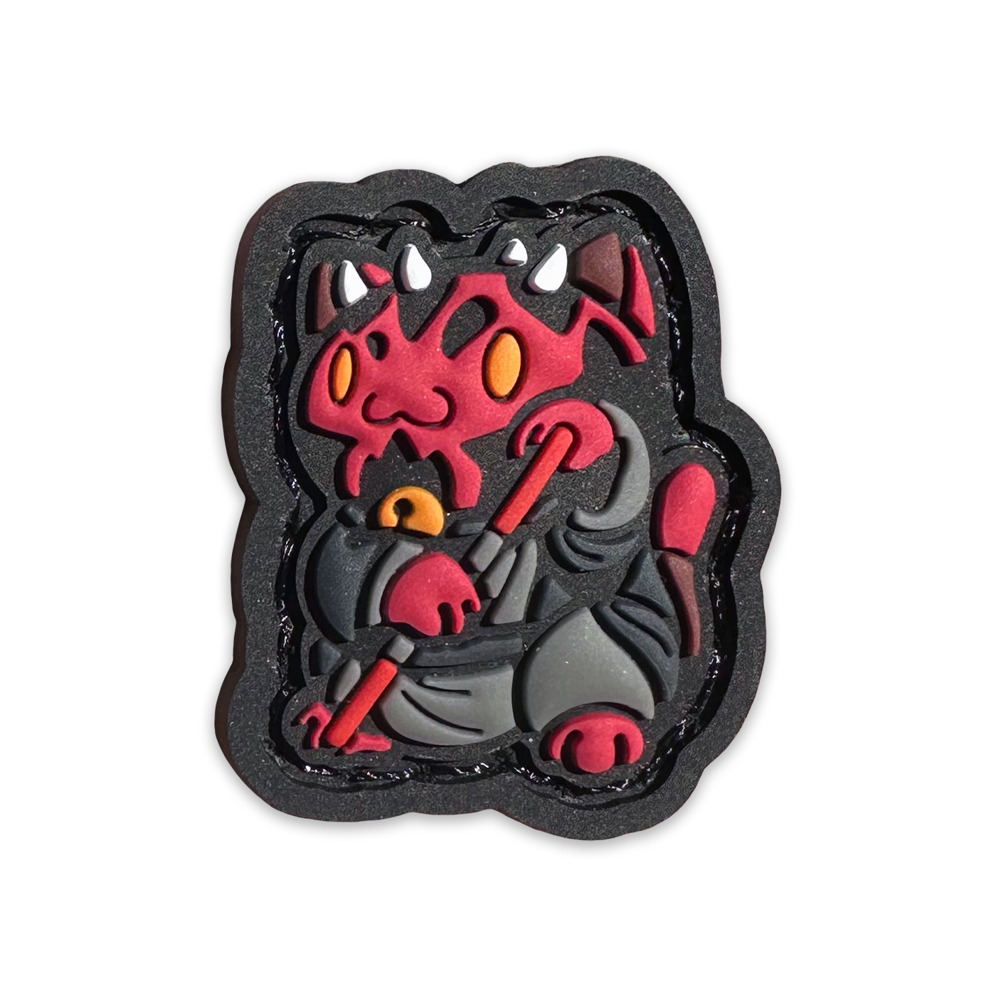 Darth Maul Neko RE PVC ranger eye morale patch of a red cartoon character with a black outfit and red lightsaber sitting in a lucky cat maneki-neko pose.
