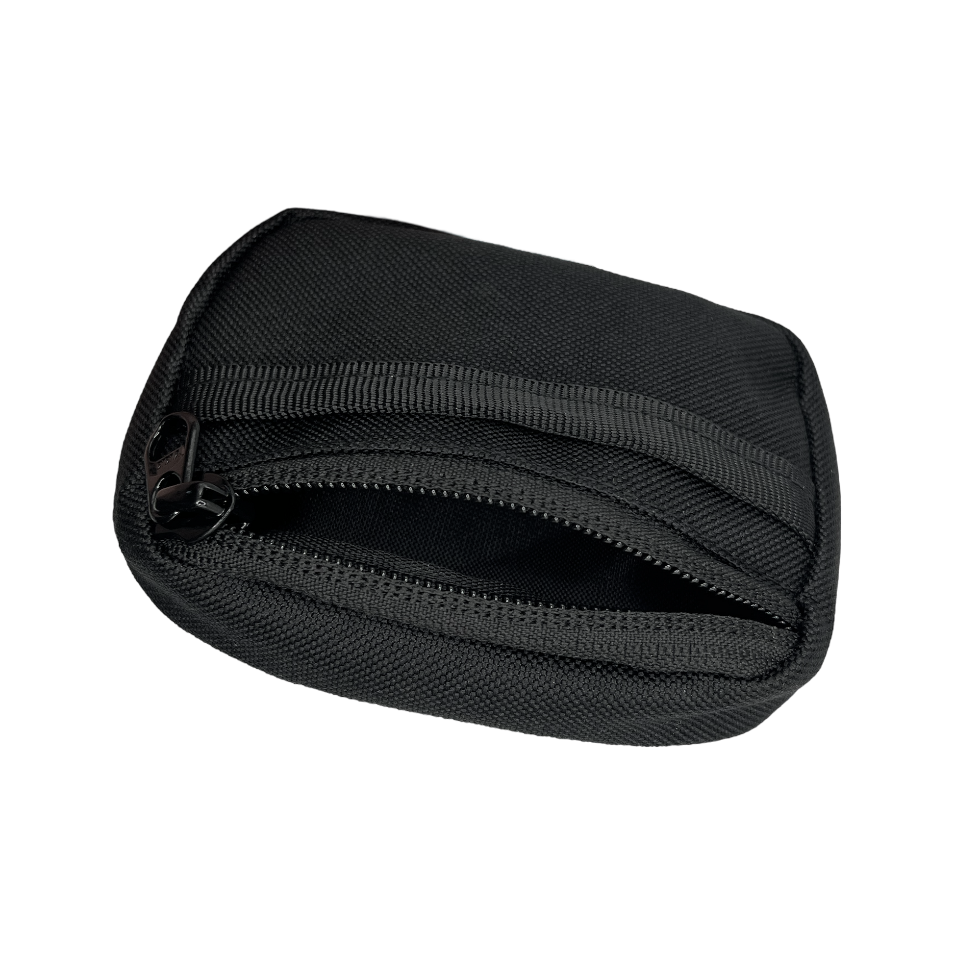 Alternative angle of the Depth Insert black pouch featuring an open zipper