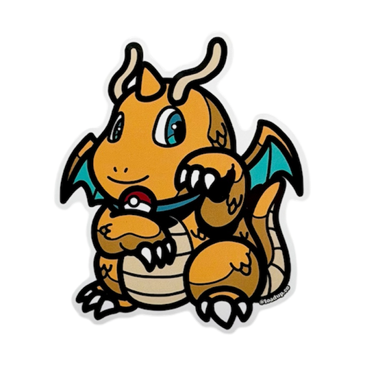 Dragonite Neko Sticker depicting a cartoon orange dragon in a lucky cat maneko pose.