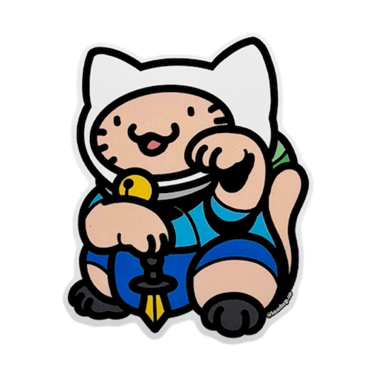 Finn Neko Sticker depicting a cat wearing a white hat and blue shirt holding a sword in a lucky cat maneko pose.