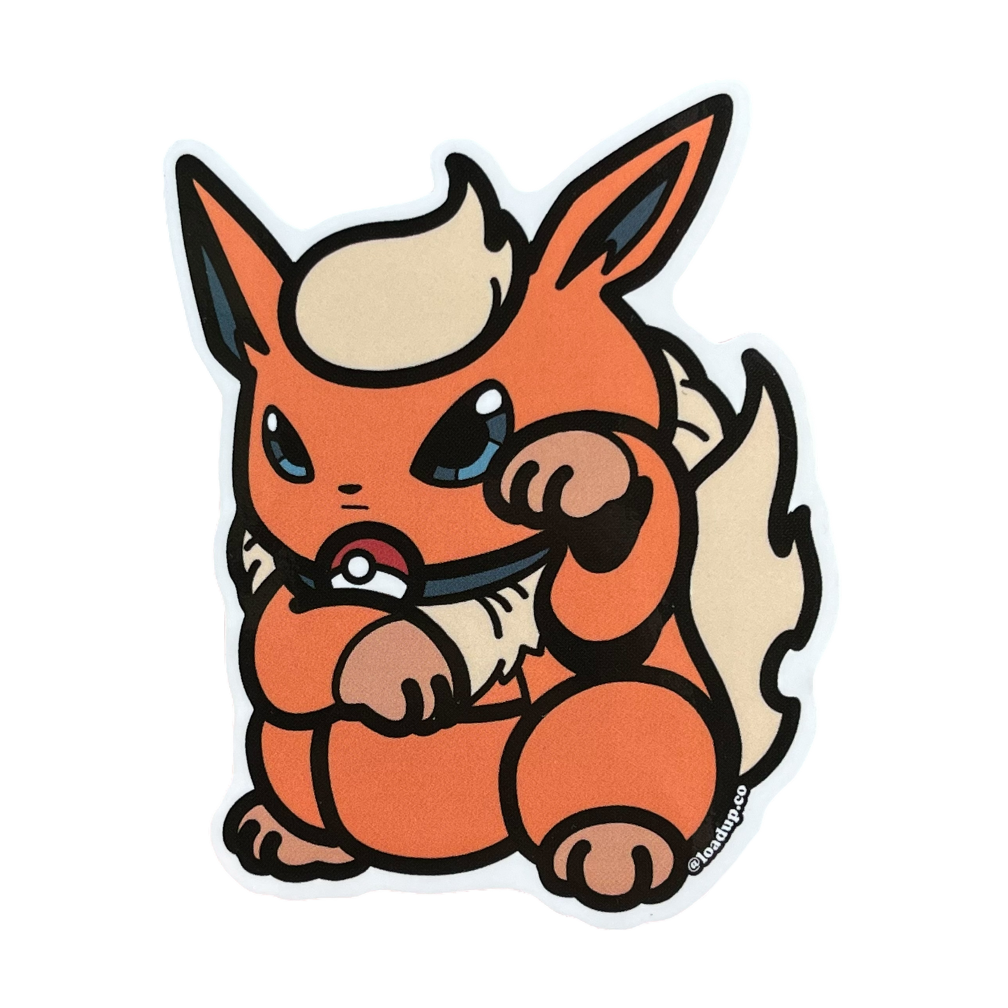 Flareon Neko Sticker of an orange monster cartoon character in a lucky cat maneki-neko pose.