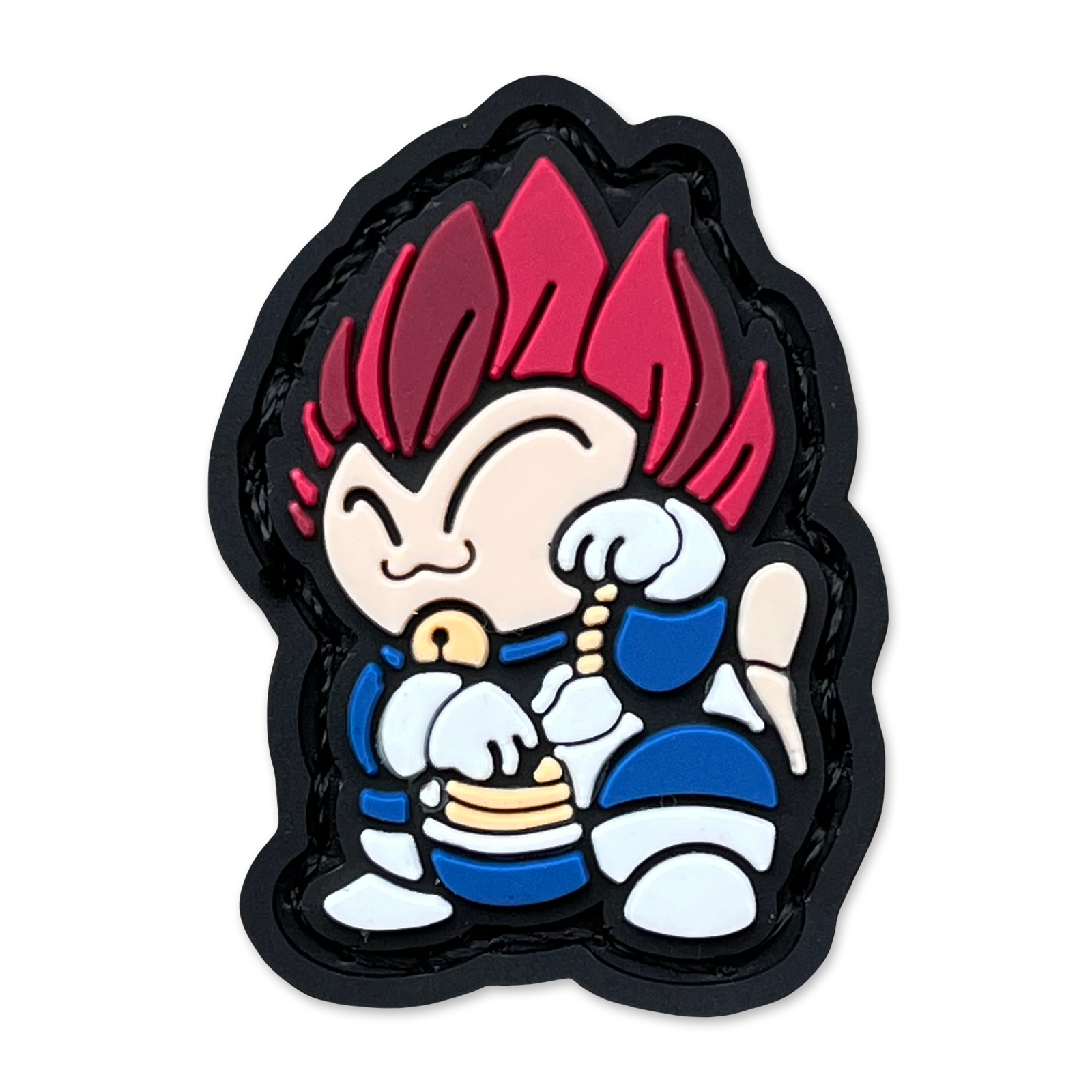 Galactic Prince Neko RE ranger eye pvc morale patch of a Character with red hair and blue outfit in a lucky cat maneko pose.