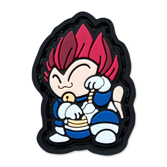 Galactic Prince Neko RE ranger eye pvc morale patch of a Character with red hair and blue outfit in a lucky cat maneko pose.